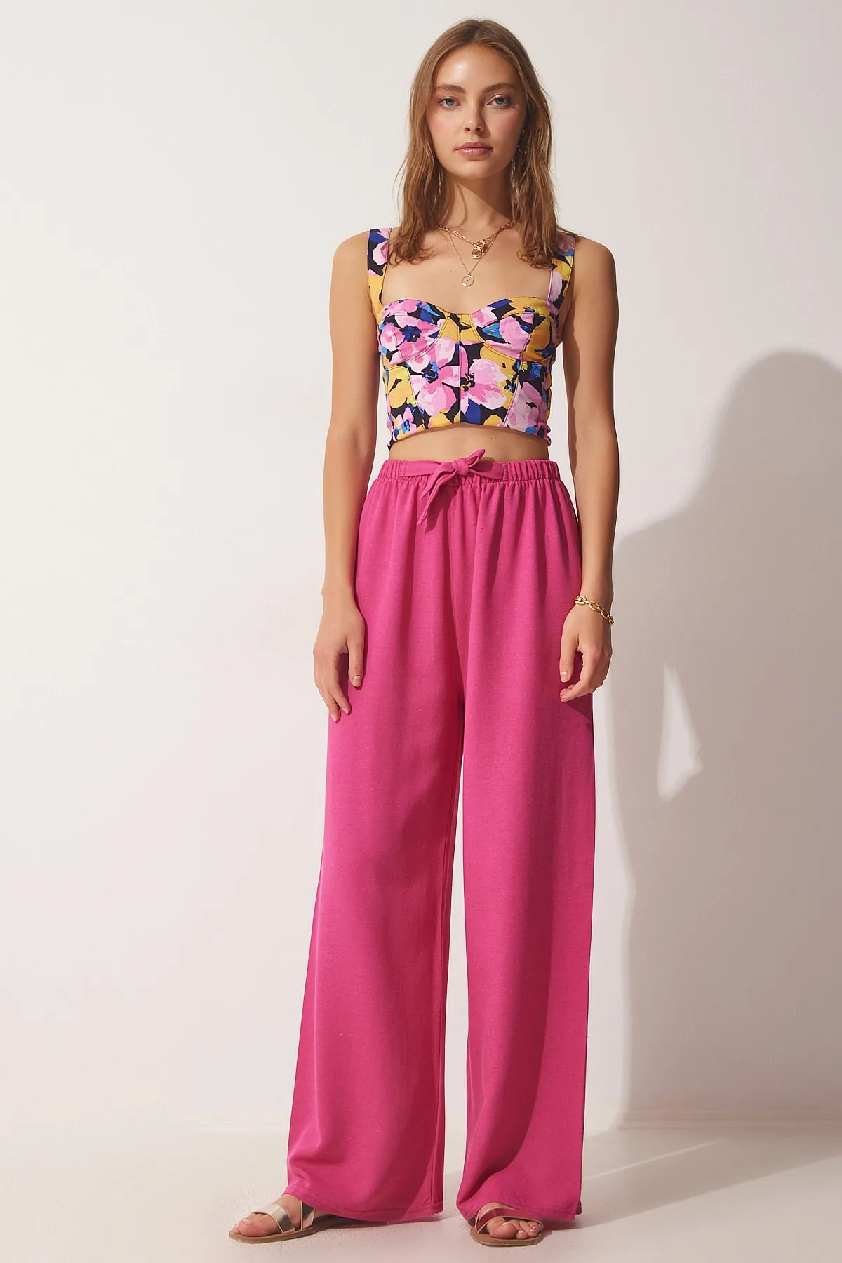 Happiness İstanbul  Dunkelrosa lockere Leinenhose für Damen BH00403