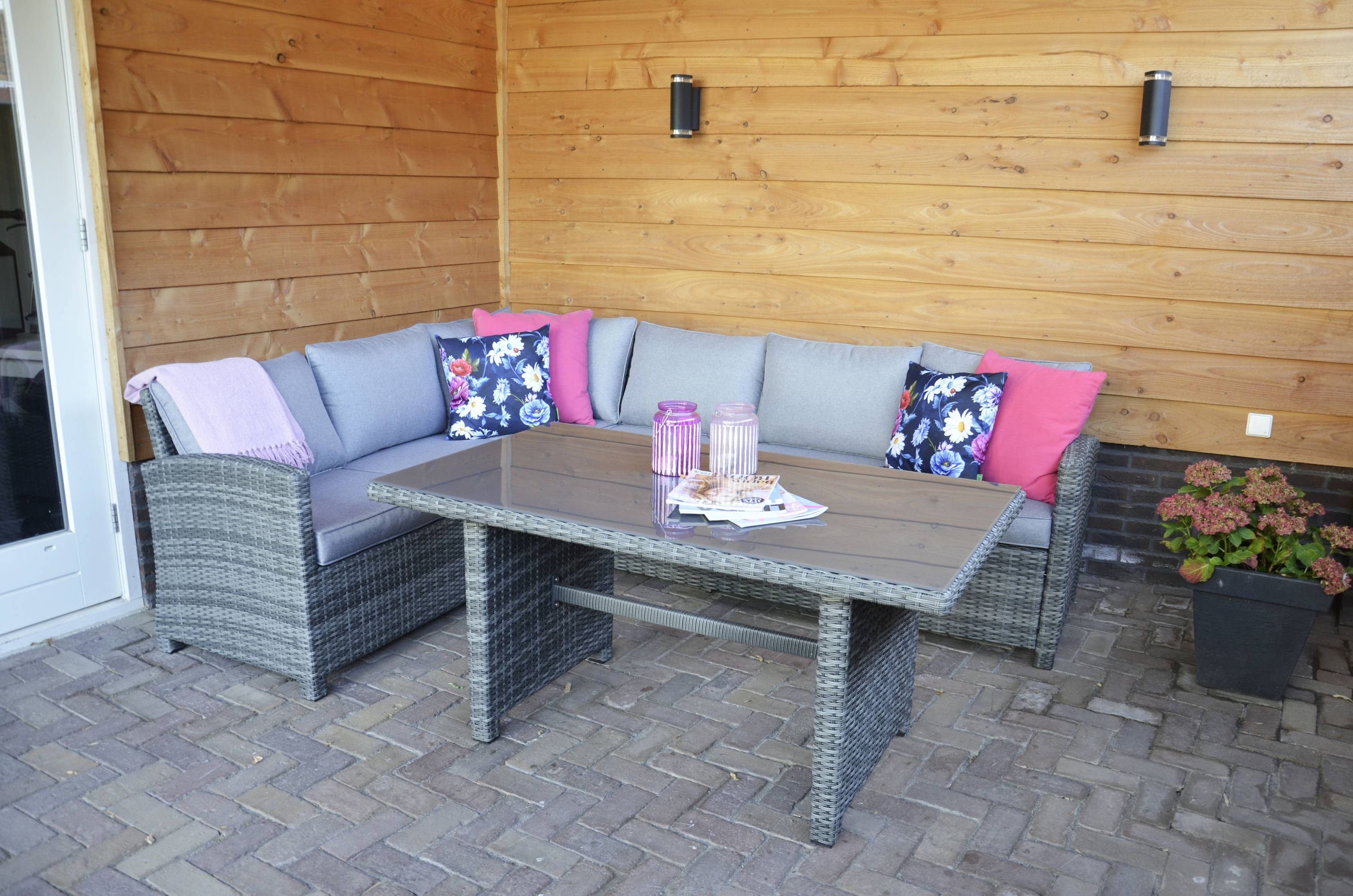 GMD Living Eckbankgruppe JIVE ROCK, (Eckbank Essgruppe, 3-tlg., bestehend aus 2 Sofas & Tisch inkl. Polsterkissen), 5mm Glastischplatte, Outdoorgeeignet