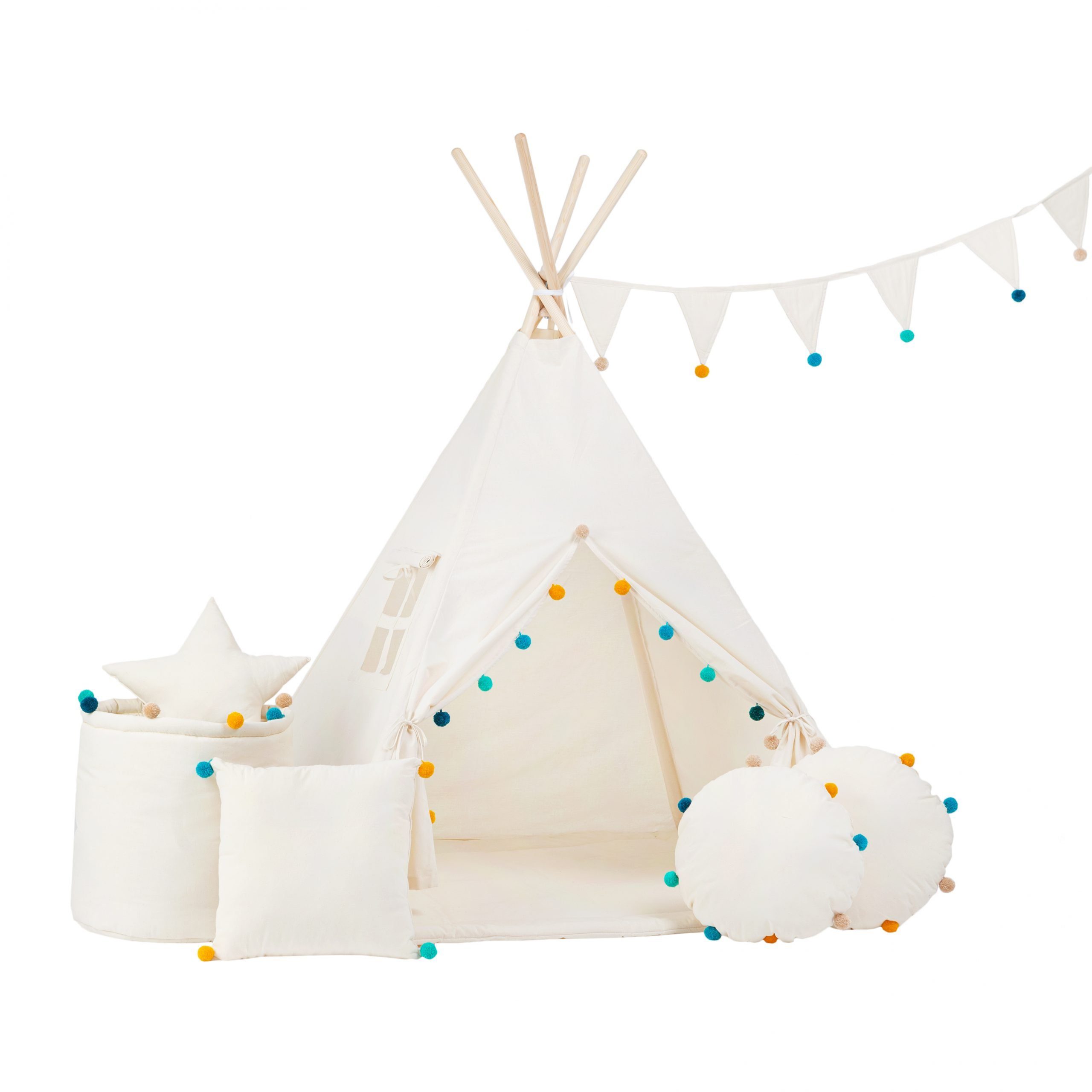 Rainbow Kids Tipi-Zelt Pompons, Personen: 2 (mit Zubehör, 8 tlg., mit 4 Kissen, Matte, Spielzeugkorb und Wimpelkette)