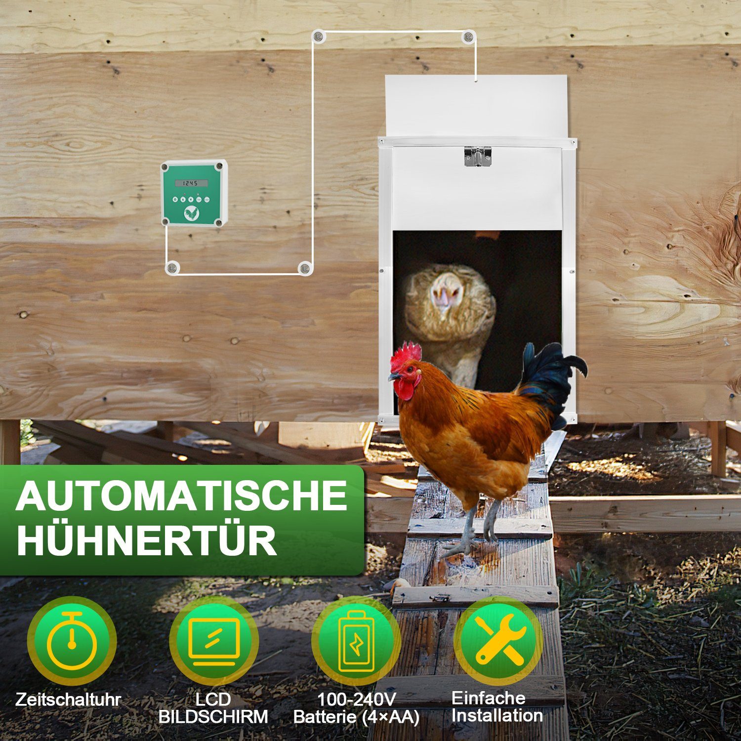 Lospitch Hühnerstall Automatische Hühnerklappe-Timer/Lichtsensor-automatische Verriegelung