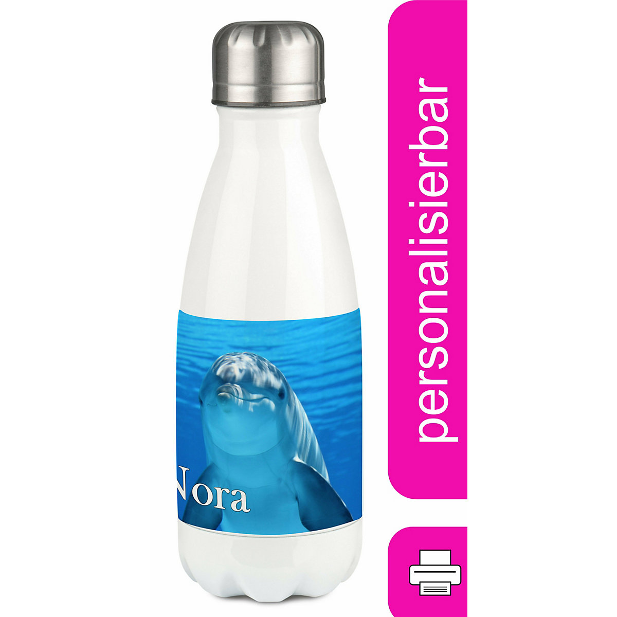Edelstahl Kinder Thermoflasche / Trinkflasche bunt Delfin Spülmaschinenfest, Auslaufsicher, Bruchfest, Doppelwandig, Für Heißgetränke geeignet, Mit Deckel, Isoliert
