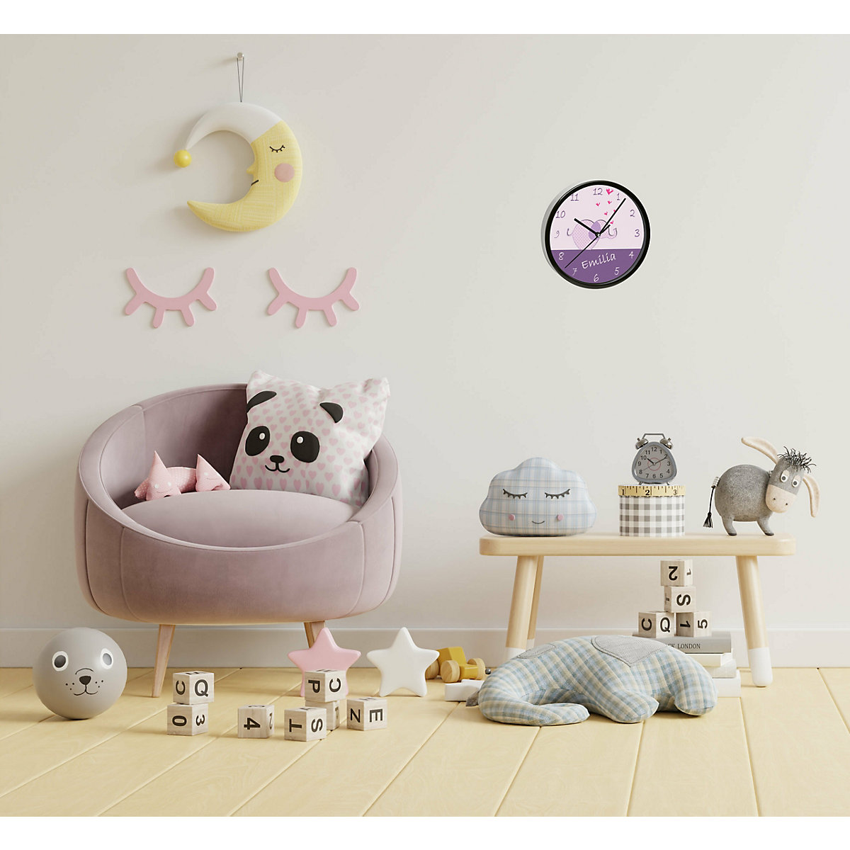 Kinder Wanduhr personalisiert mit Name Elefant lila