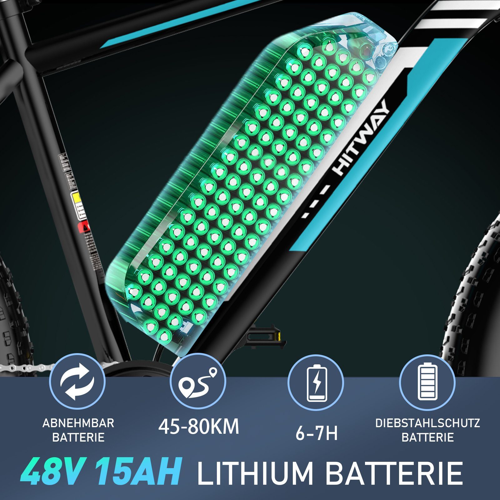 HITWAY E-Bike 26 Zoll x 4,0 fette Reifen MTB 48V 15 Ah Elektrofahrrad,Shimano, MTB, 7 Gang Shimano, Kettenschaltung, Heckmotor, für Damen und Herren 170 - 200 cm, mit Fahrradschloss und Pumpe