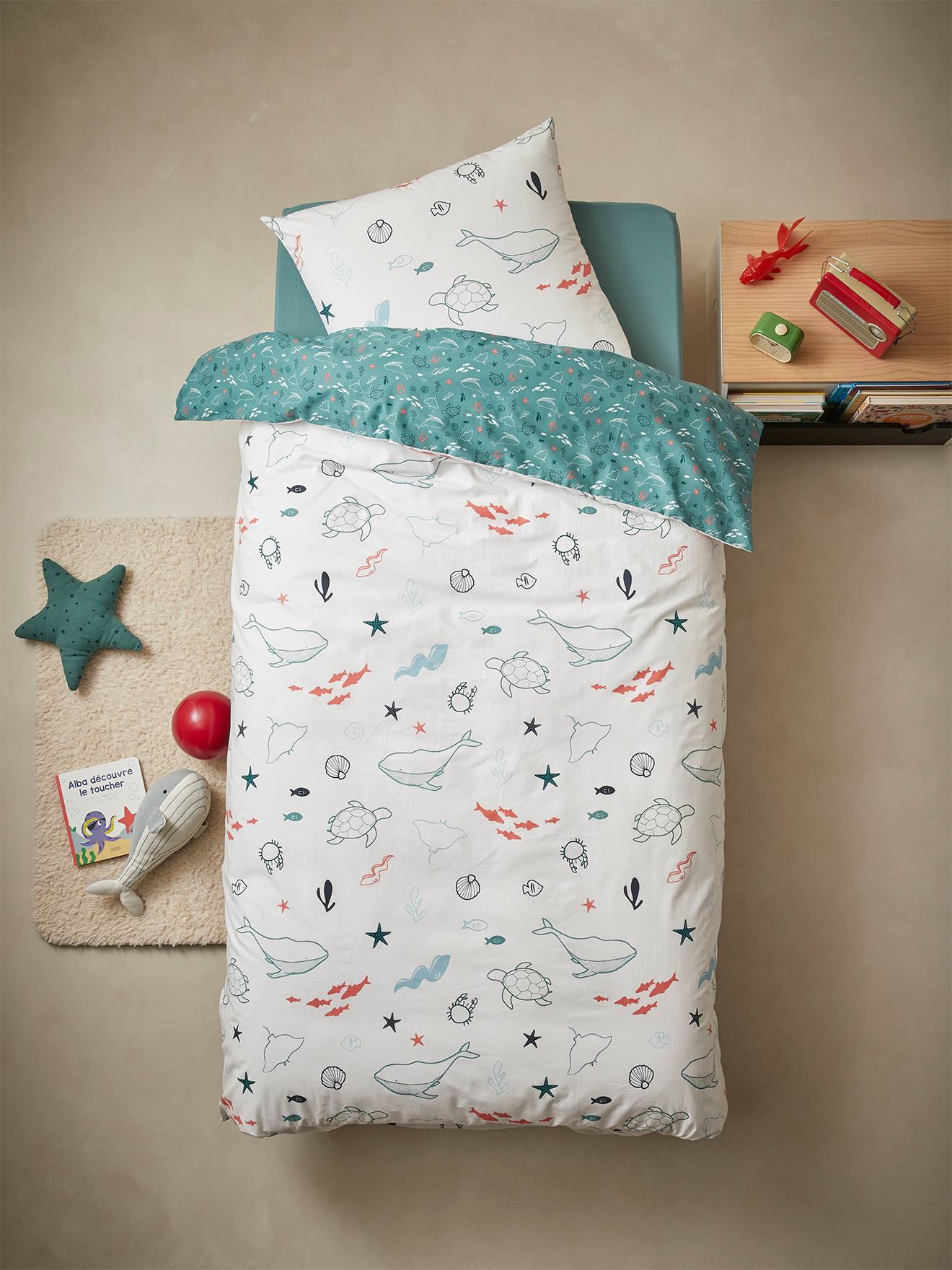 Vertbaudet Kinder Bettwäsche-Set MEERESTIEFE Oeko-Tex - wollweiß/aquamarin