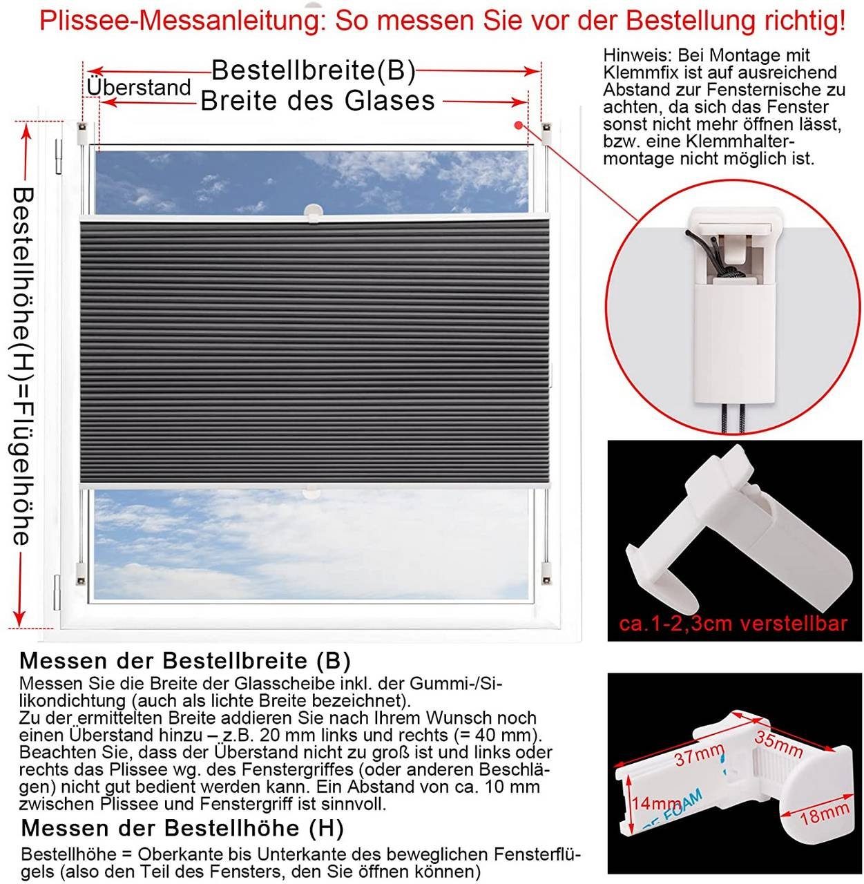 Plissee, Woltu, verdunkelnd, verspannt, Klemmfix, Wabenplissees ohne Bohren