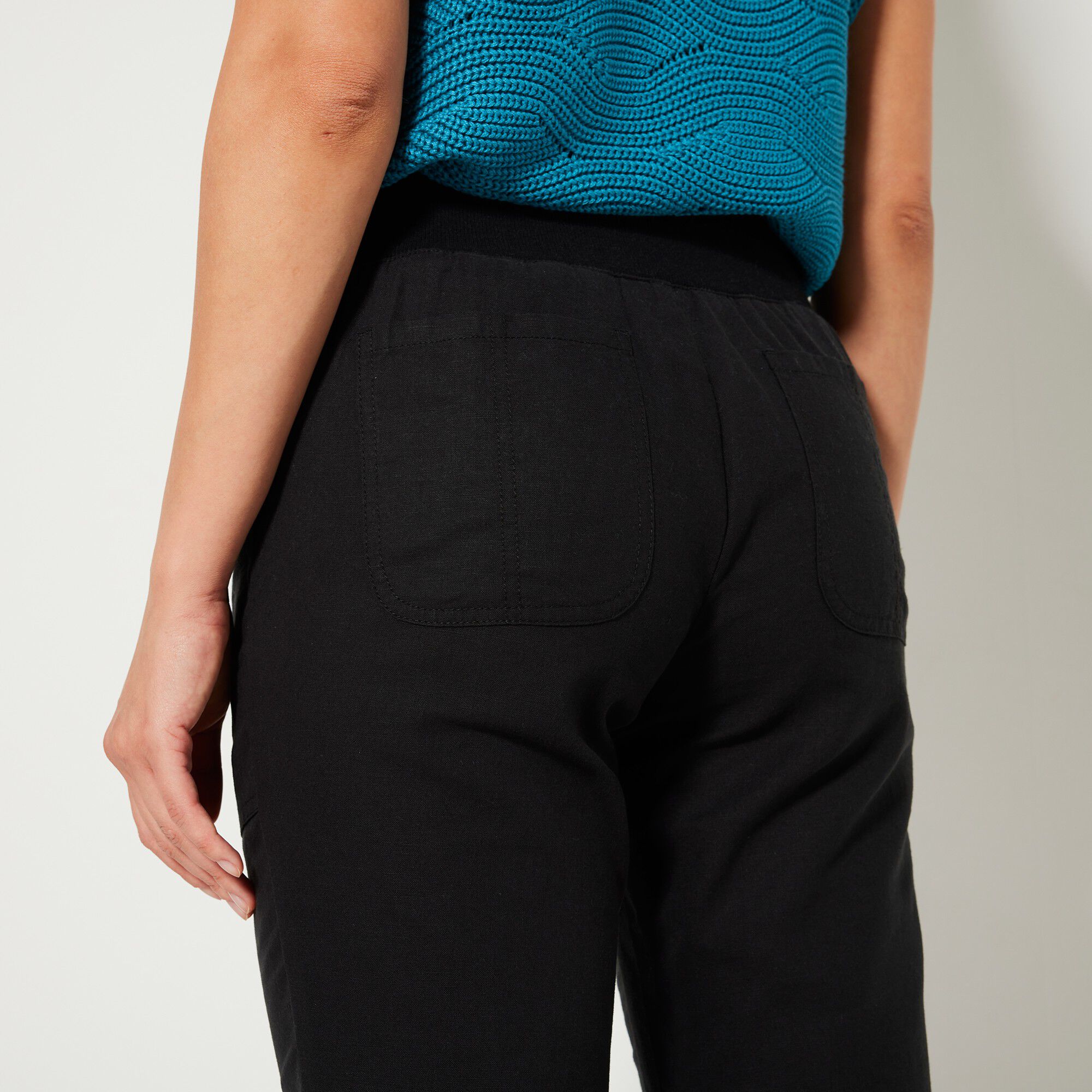 Pantalon coupe droite 7/8ème taille élastiquée, lin coton