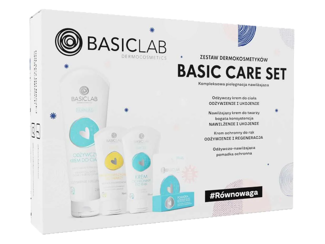 „Basiclab“ rinkinys (kūno kremas + riebus kremas + rankų kremas + lūpų dažai 4 g)