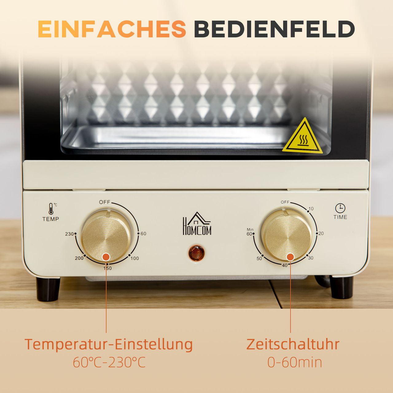 HOMCOM 15L Minibackofen mit Umluft, 1000 W Pizza-Ofen mit Timer, 60-230, Creme