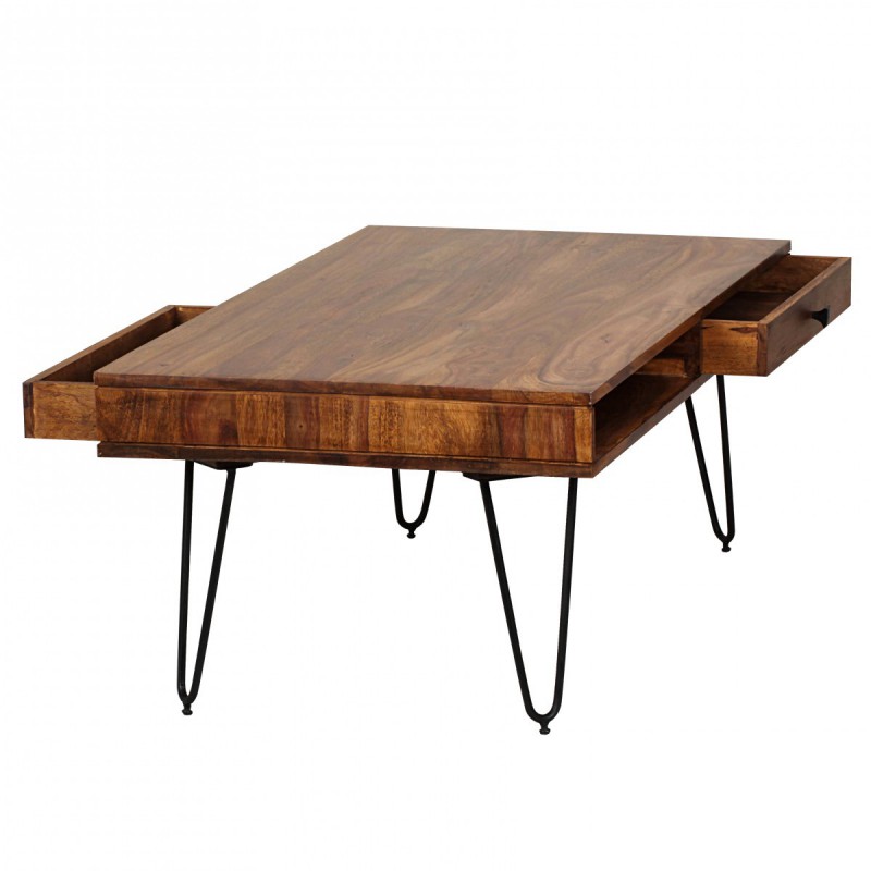Wohnling Massivholz Sheesham Couchtisch 120 x 60 x 40 CM mit 2 Schubläden