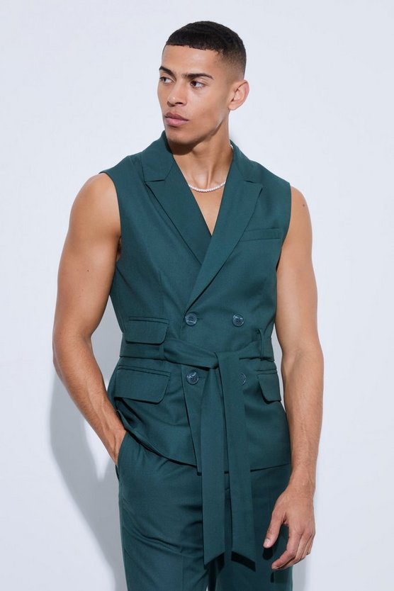 Ärmelloser zweireihiger Blazer mit Gürtel
