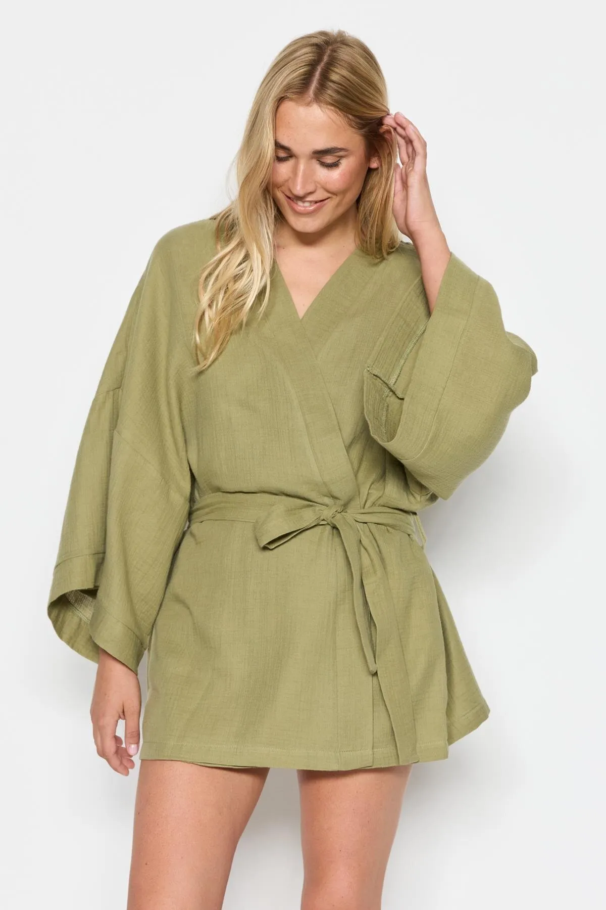 C&City  3-teiliges Kimono-Shorts-Set aus Bio-Baumwoll-Musselin 9121 Khaki