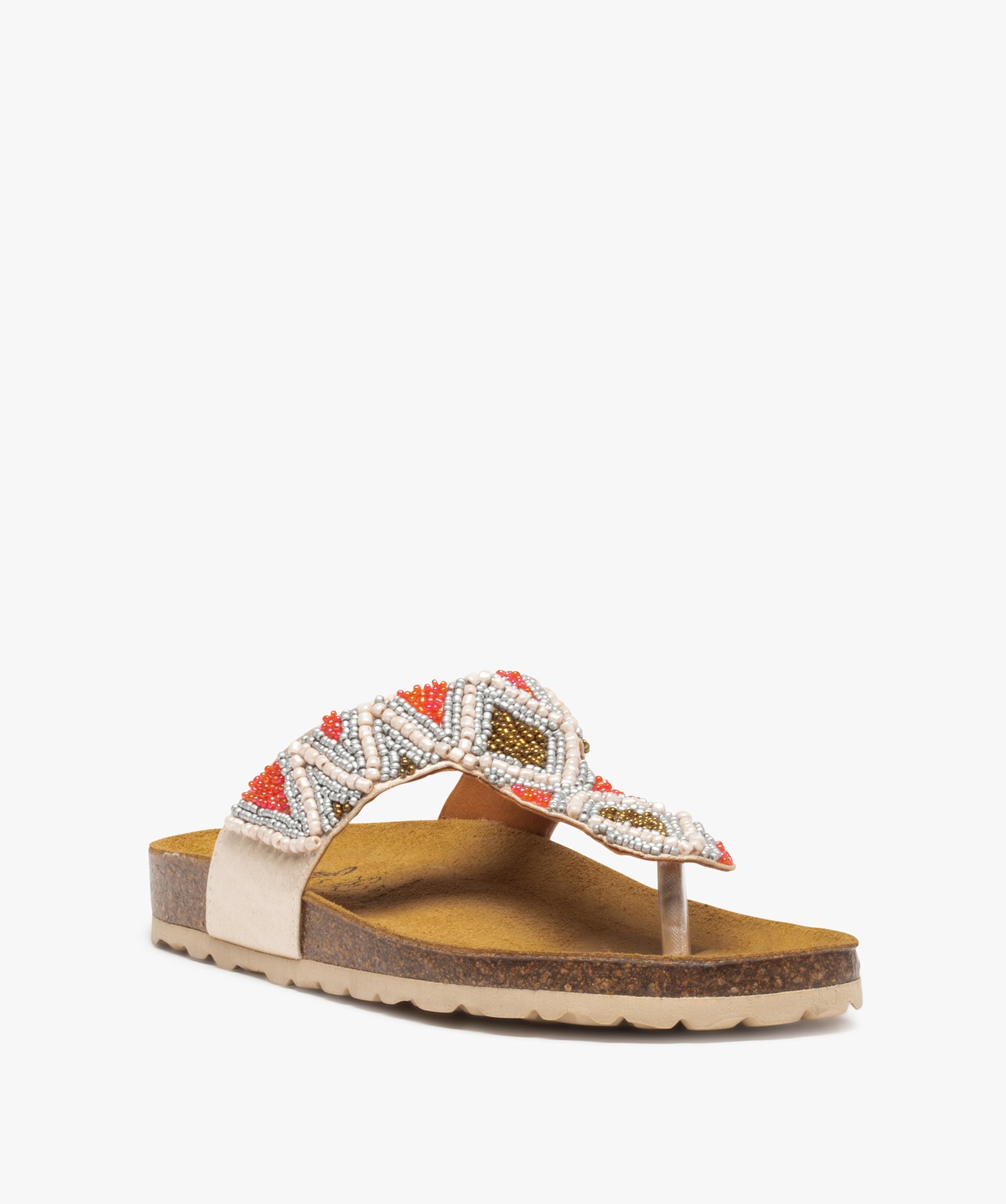 Sandales femme à entre-doigts avec brides ornées de perles beige | GEMO