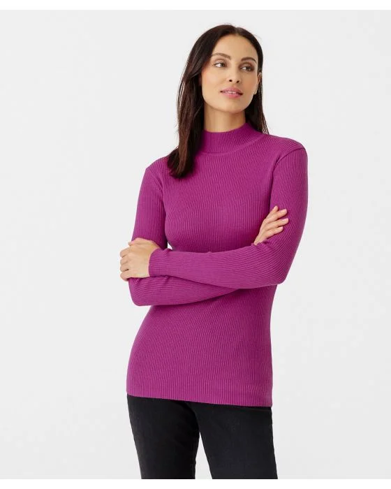 Pull col montant, 50% laine mérinos, uni et rayé
