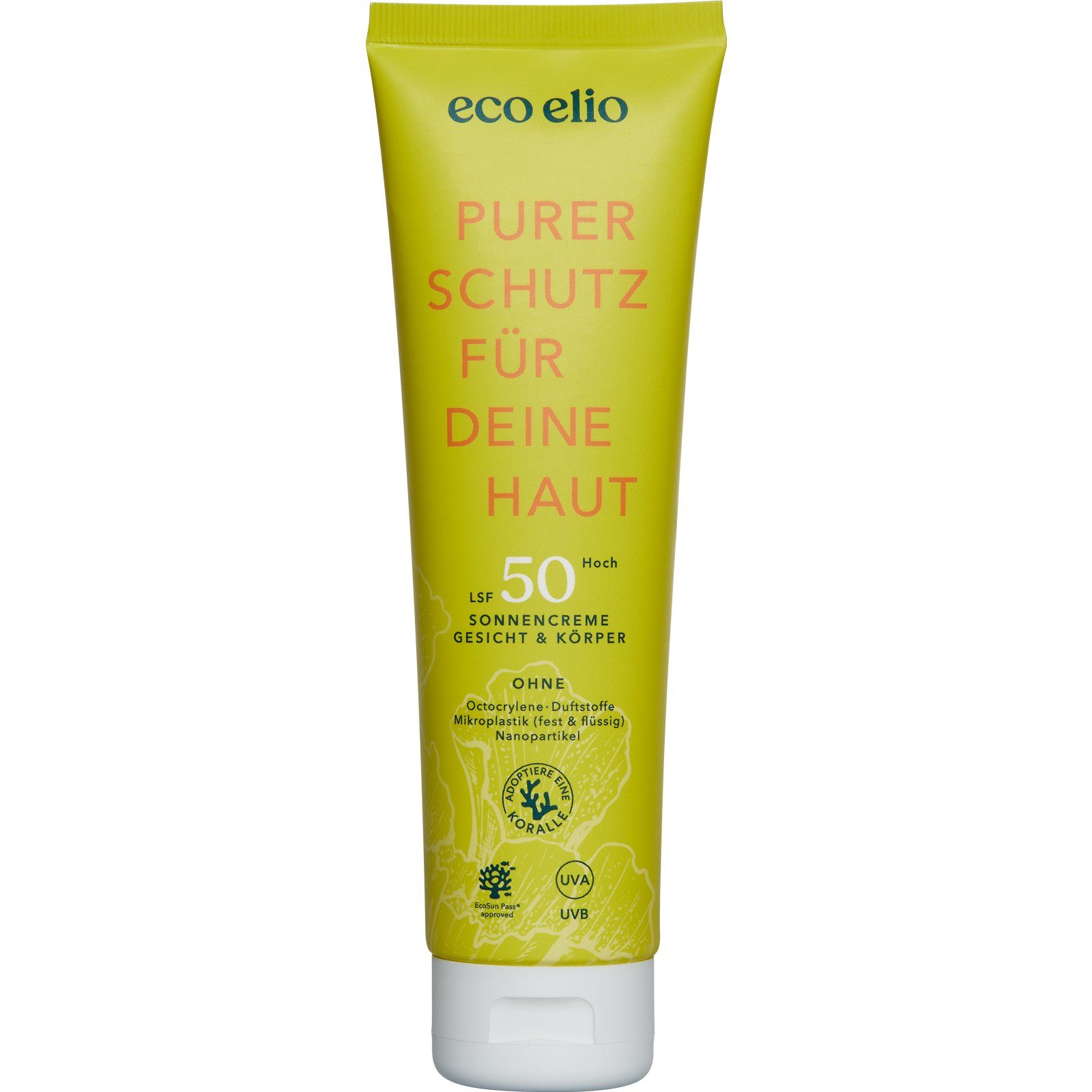 eco elio Sonnenschutzcreme hautverträglich, Tube 150ml, LSF 50, Tube, LSF50, SPF50, schnell einziehend, nachhaltig, Eco Produkt & Verpackung