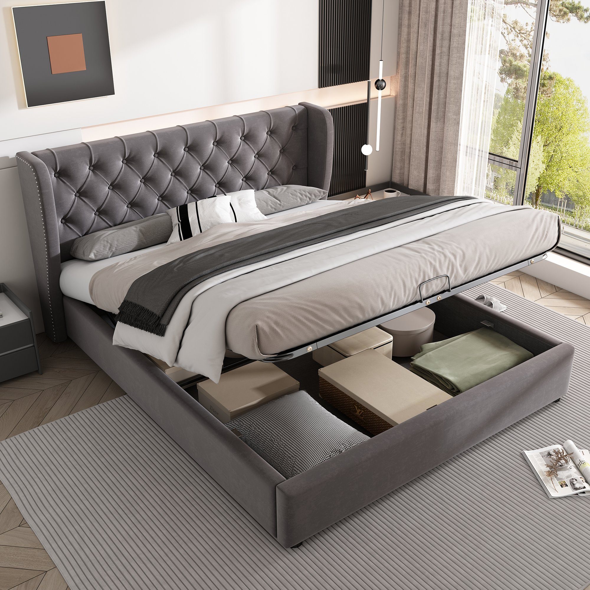 OKWISH Polsterbett Doppelbett Stauraumbett, Kiefernholz Flanell 140*200cm Ohne Matratze