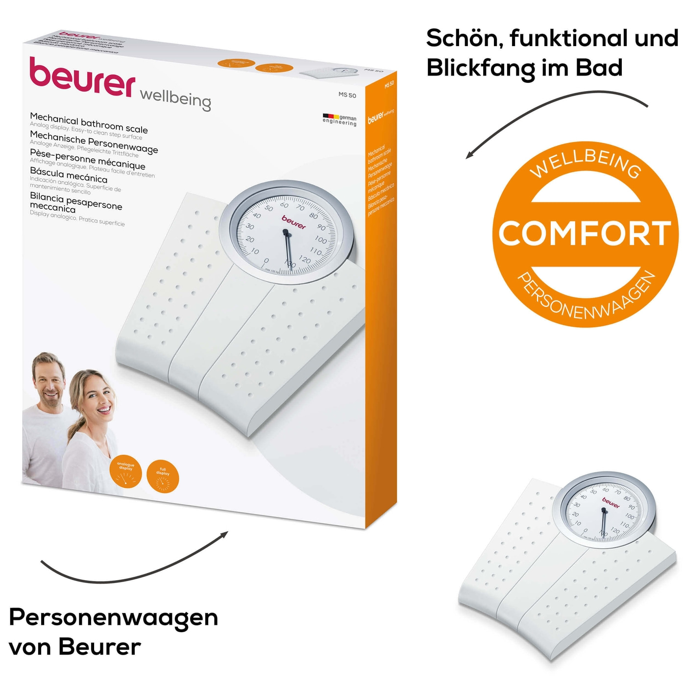 Beurer mechanische Personenwaage - MS 50-Personenwaage mit analoger Gewichtsanzeige in Vollsichtskala & Retro-Design - bis 135 kg