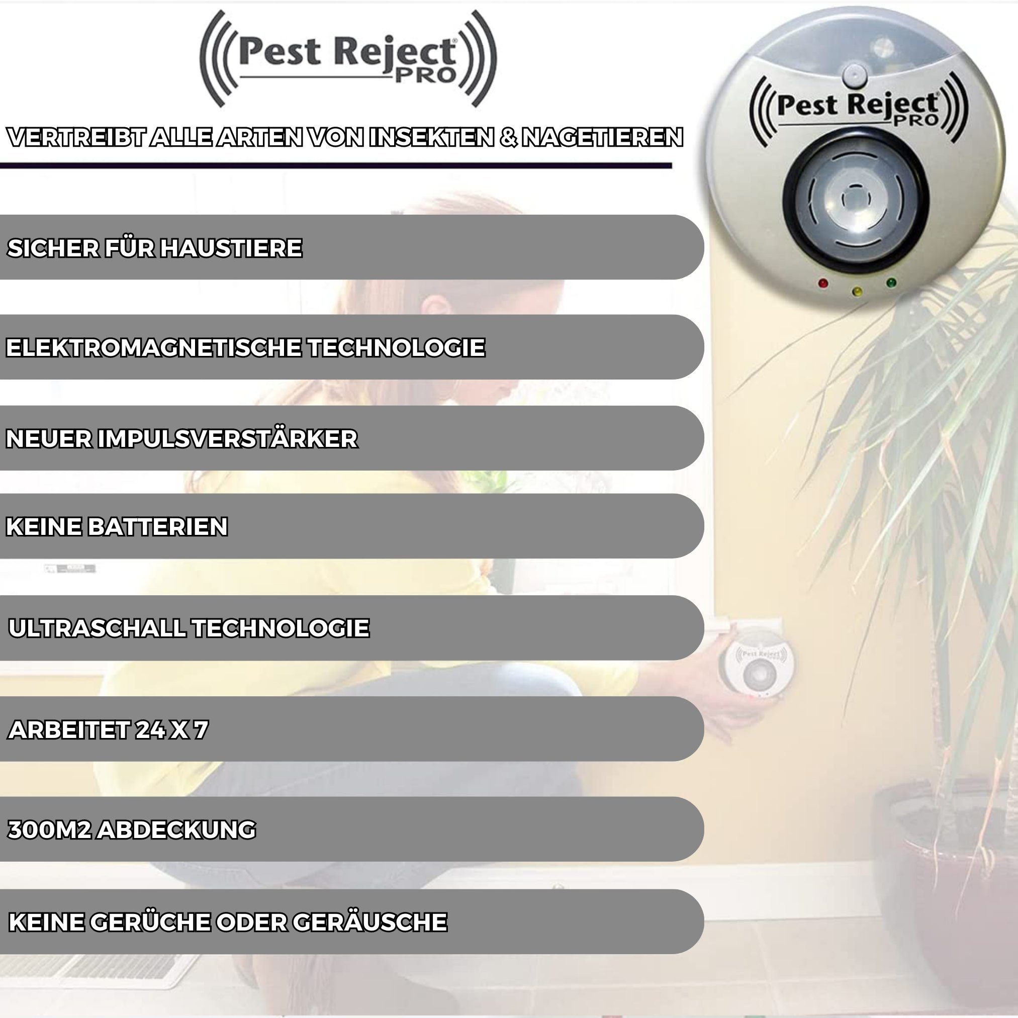 Pest Reject® Ultraschall-Tierabwehr Pest Reject Pro Insektenvertreiber, Spar-Set 1-tlg., Keine Chemie bis zu 300m2 mit Nachtlicht für die Steckdose