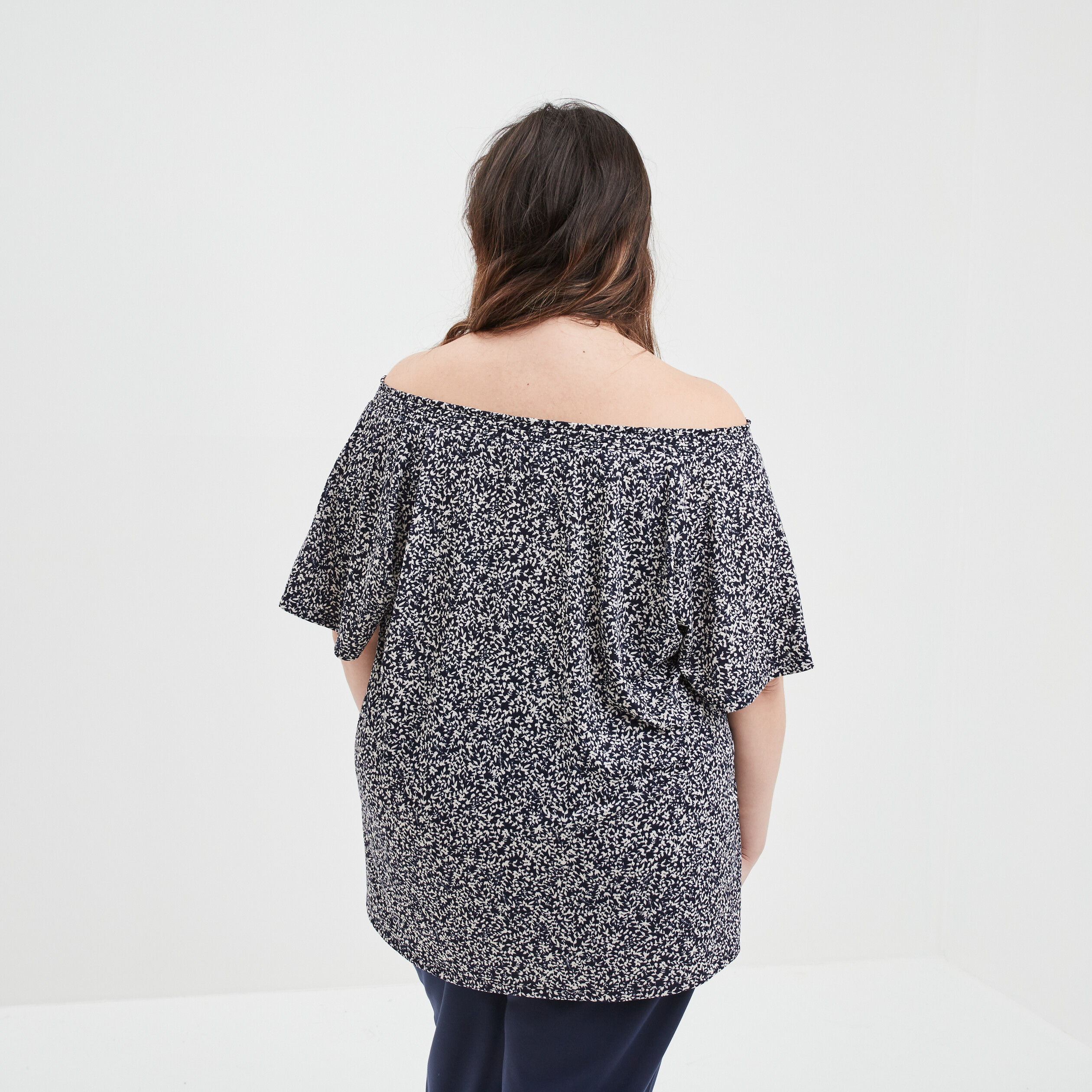 T-shirt col smocké manches courtes bleu marine femme grande taille | La Halle