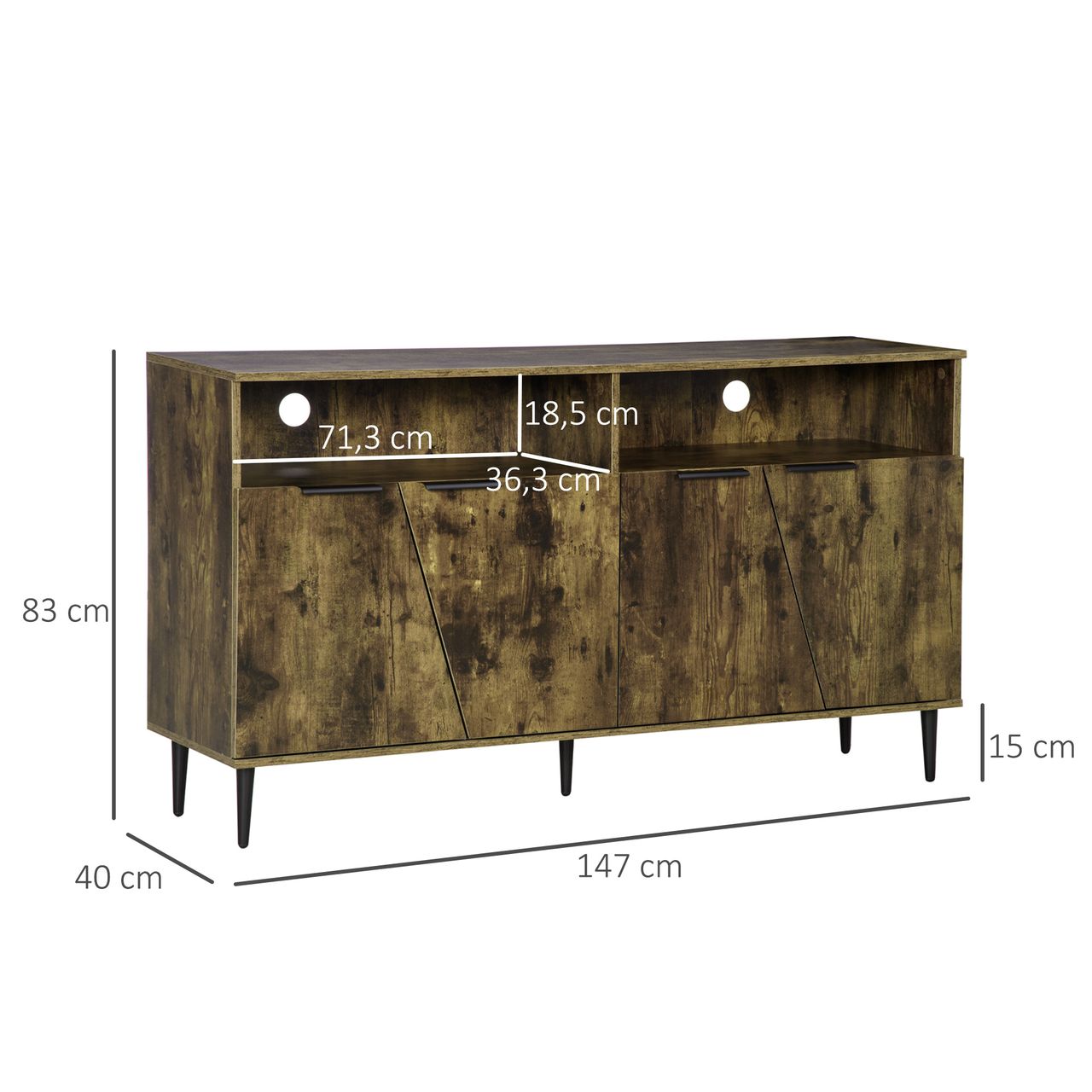 HOMCOM Küchenschrank Sideboard Aufbewahrungsschrank mit 2 Fächern und 2 Schränken Küchenmöbel Industrie-Design Spanplatte Rustikales Braun Schwarz 147 x 40 x 83 cm