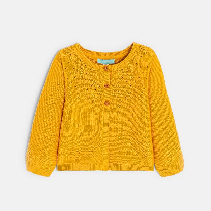 Gilet maille tricot effet pointelle jaune bébé fille
