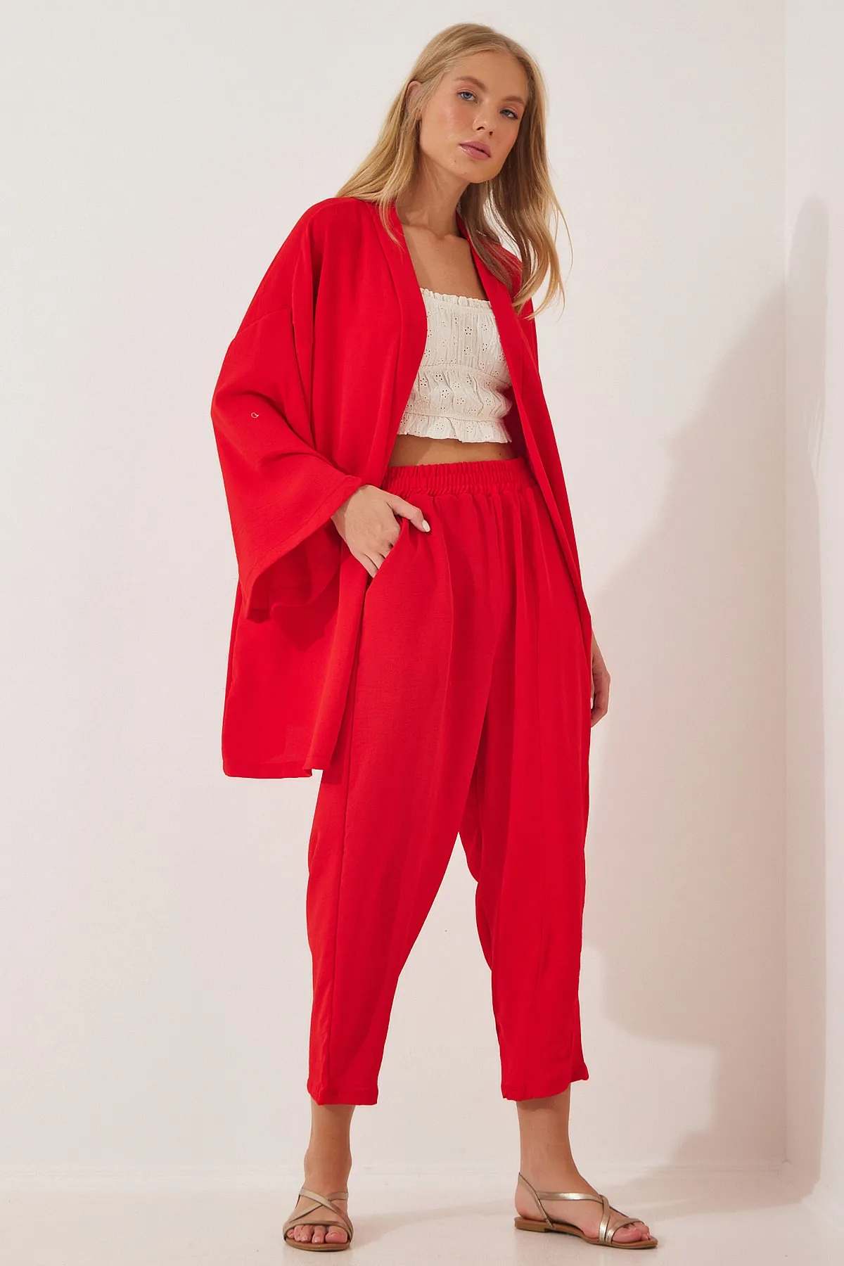 Happiness İstanbul  Rotes Kimono-Hosen-Set für Damen DZ00046