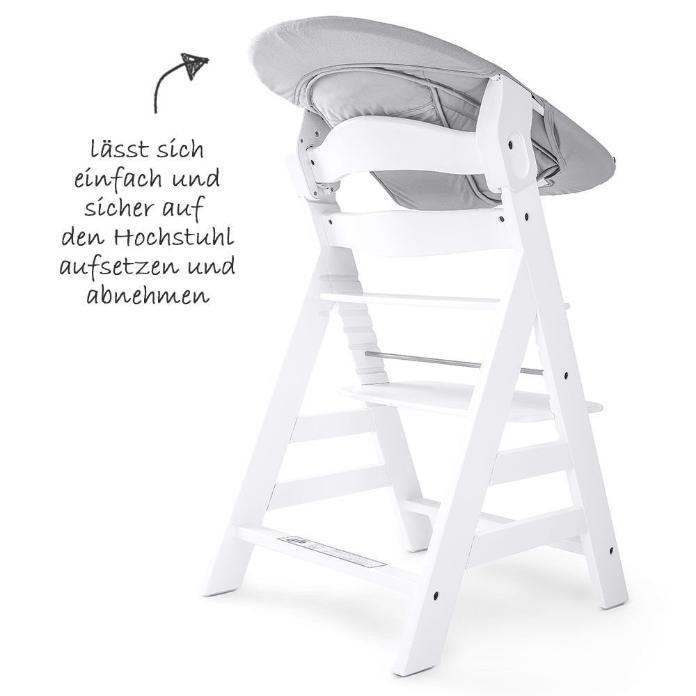 Hauck Hochstuhl Alpha Plus White Newborn Set (Set), Holz Babystuhl ab Geburt mit Aufsatz für Neugeborene höhenverstellbar
