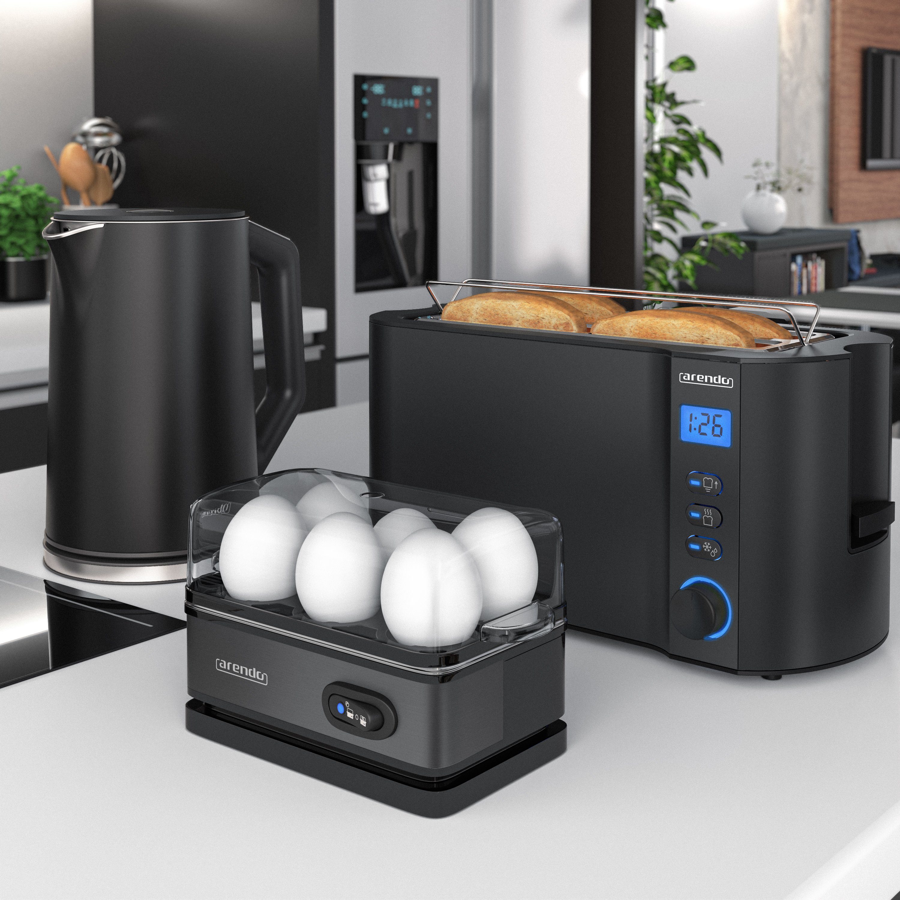 Arendo Frühstücks-Set (3-tlg), Wasserkocher 1,5l, 4-Scheiben Toaster, 6er Eierkocher, Schwarz