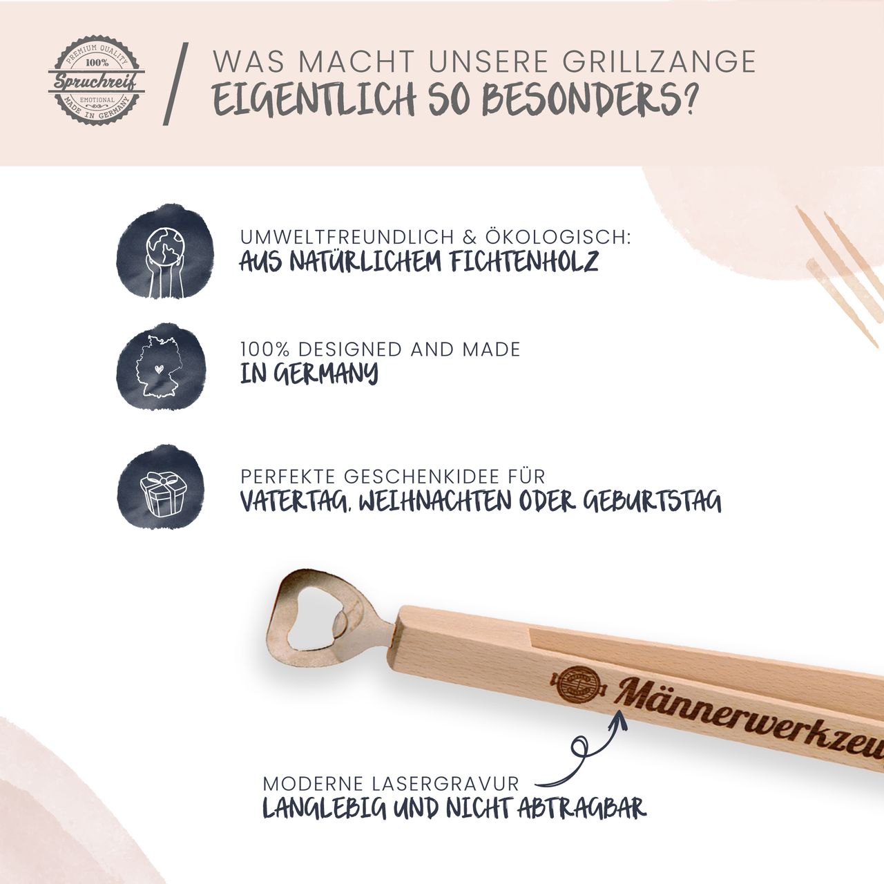 Spruchreif Kombi-Grillzange aus Holz mit Flaschenöffner 