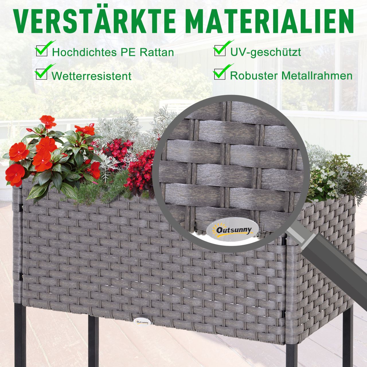 Outsunny Poly Rattan Hochbeet Blumentopf Blumenkasten mit Füßen mit Ablage