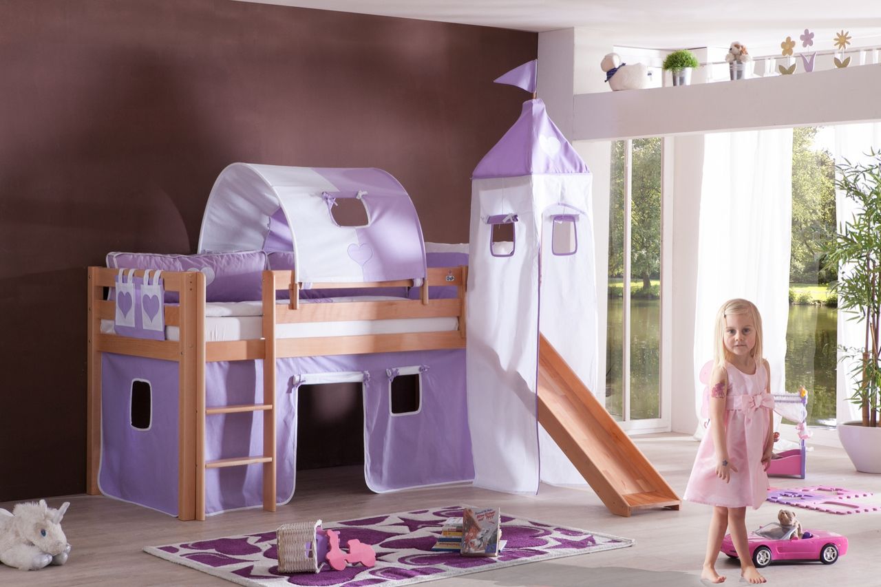 Relita Halbhohes Spielbett ALEX mit Rutsche/Turm/Tunnel Buche massiv natur lackiert mit Stoffset purple/weiß
