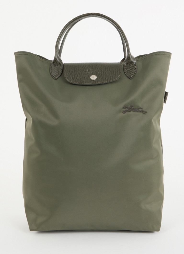 Geantă verde Longchamp Le Pliage, mărimea M, cu detalii din piele.