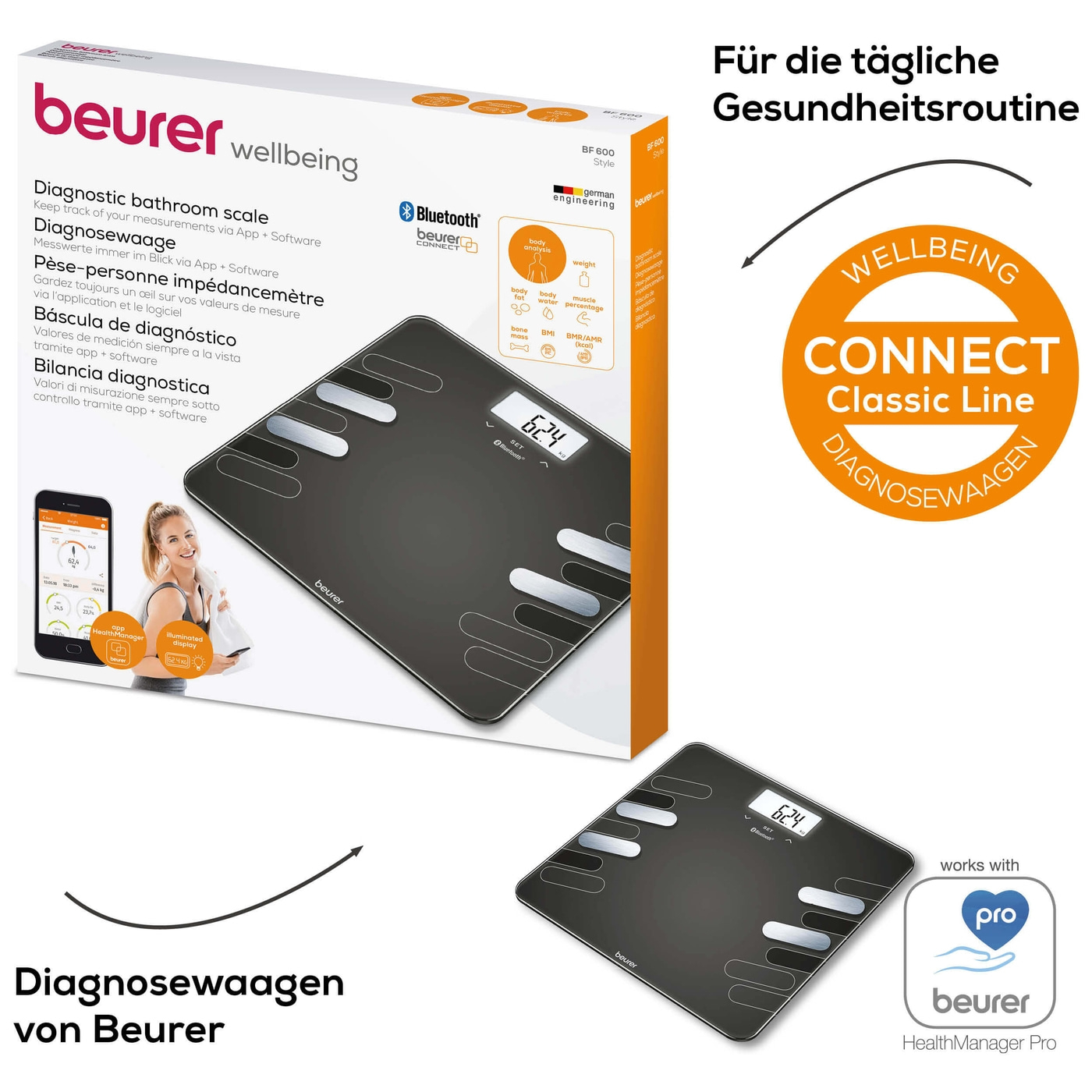Beurer Diagnosewaage BF 600 Style-Analysewaage mit BMI Ganzkörperanalyse & App-Anbindung - bis 180 kg