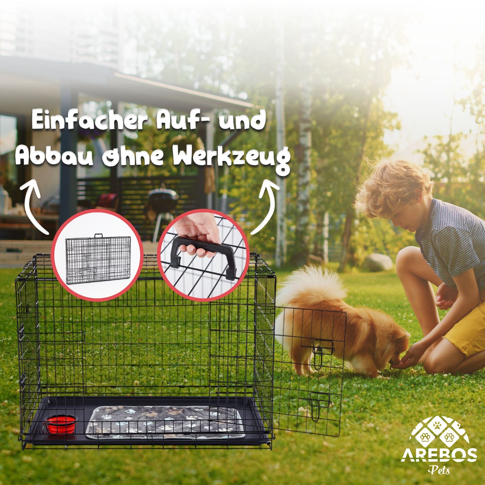 Arebos Hunde-Transportbox Hundekäfig Haustierkäfig Gitterbox klappbar S-M-L-XL bis 11,00 kg, Kuscheldecke