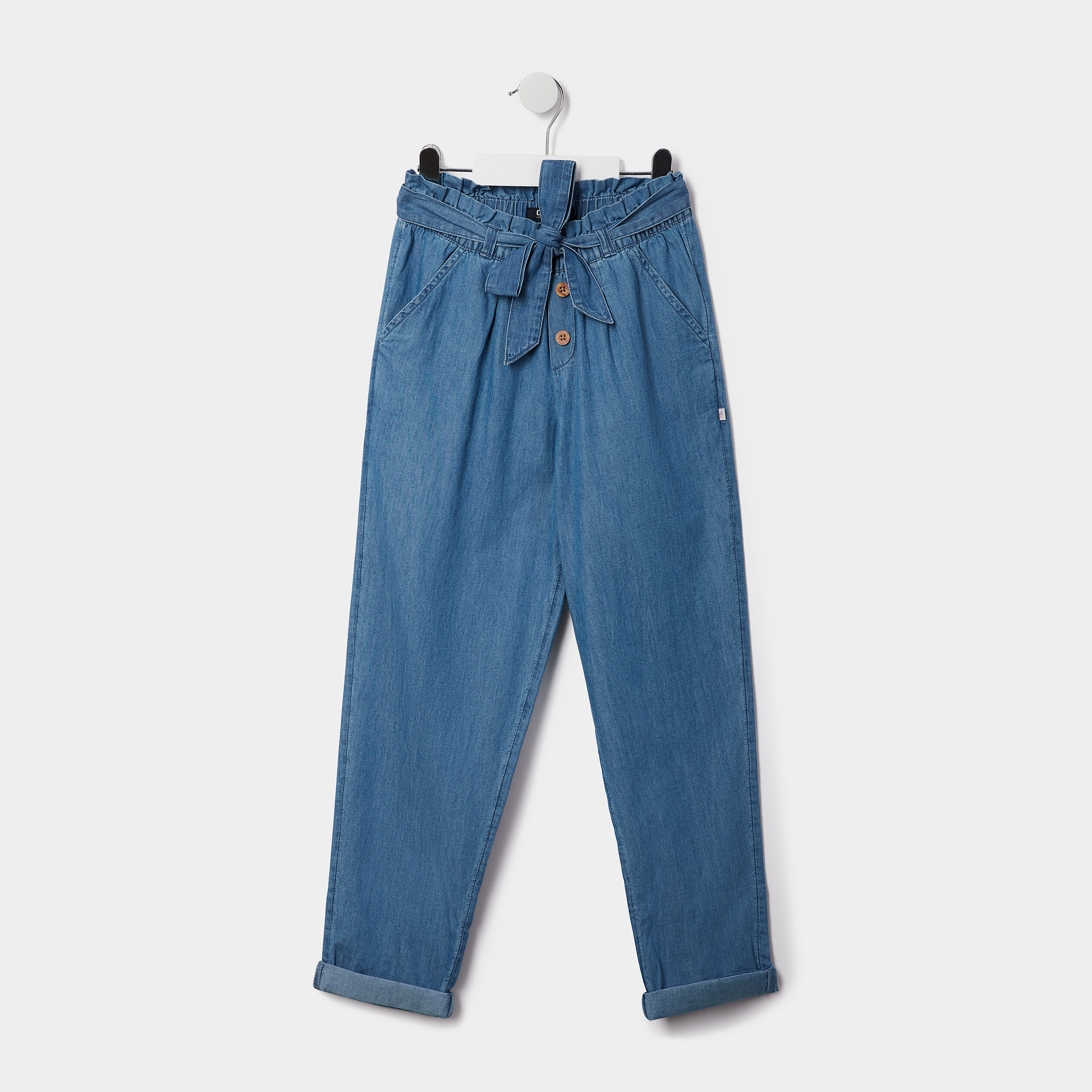 Pantalon slouchy fluide ceinturé en jean denim double stone fille | La Halle