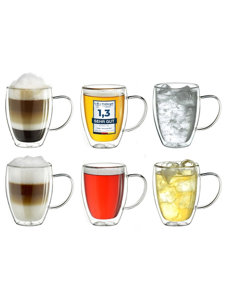 Creano 6er Set doppelwandige Thermobecher mit Henkel 400ml h-hoch Glas günstig kaufen onesize