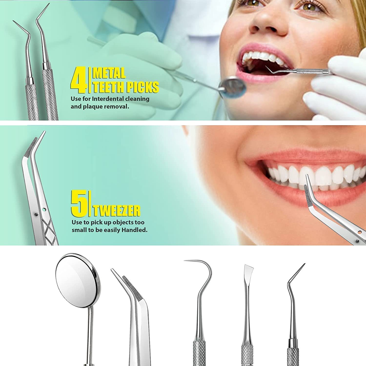 Montegoni Zahnpflege-Set 5er Set für Zahnreinigung Zahnsteinentferner aus Hochwertige Edelstahl, Zahnpflege Set für den Heimgebrauch – Persönliche und Haustier-Mundhygiene, 5-tlg., Zahnsonde Mundspiegel Scaler
