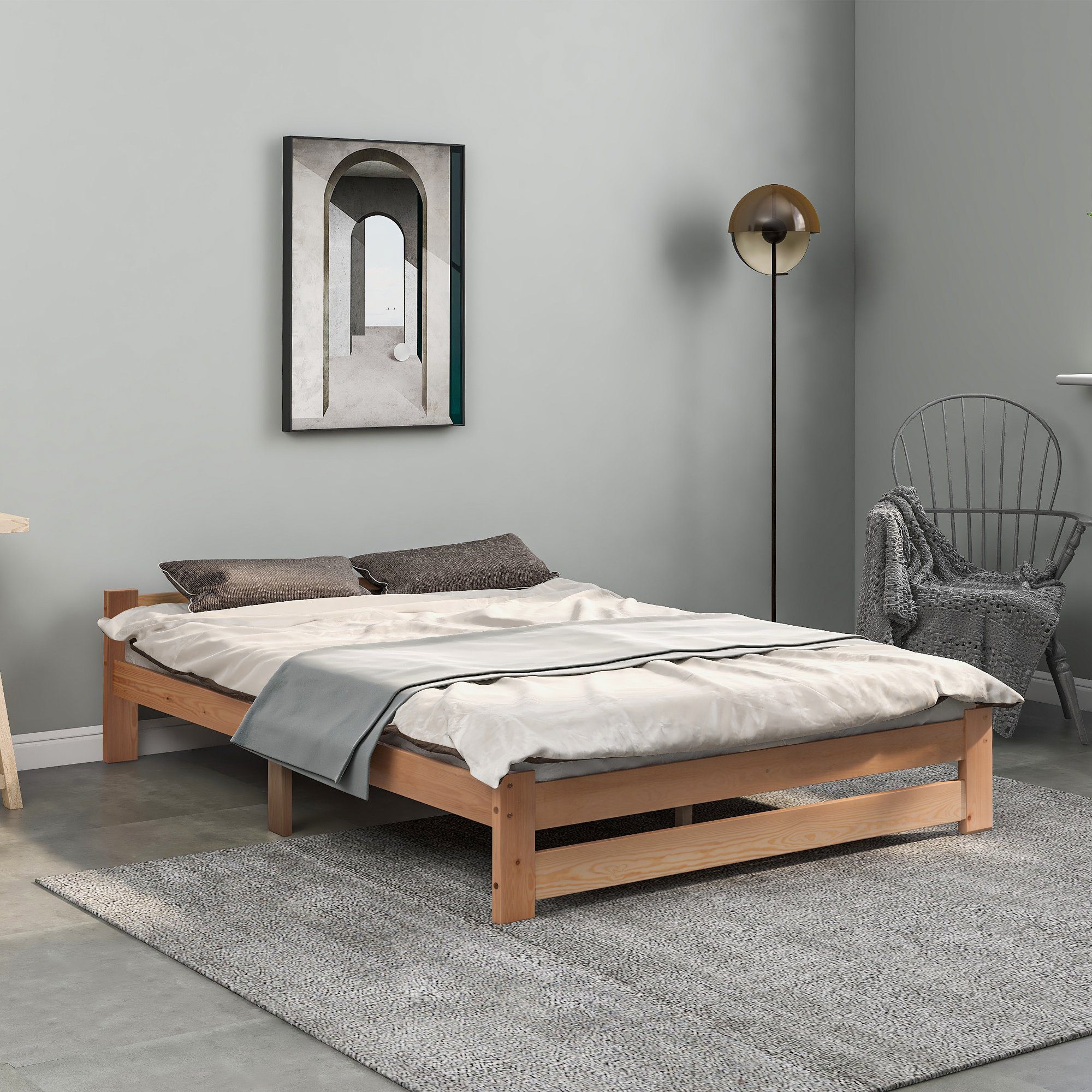 BlingBin Holzbett Futonbett Einzelbett Massivholz mit Kopfteil Lattenrost 140x200cm (Massivholz Natur Bett, Natur), Massivholz, in zwei Größen erhältlich