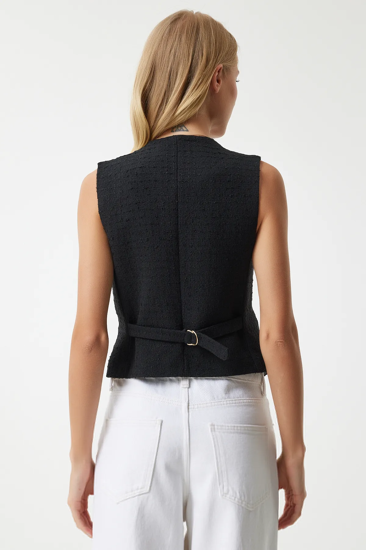 Happiness İstanbul  Schwarze Tweed-Damenweste mit Metallknöpfen - TO00111