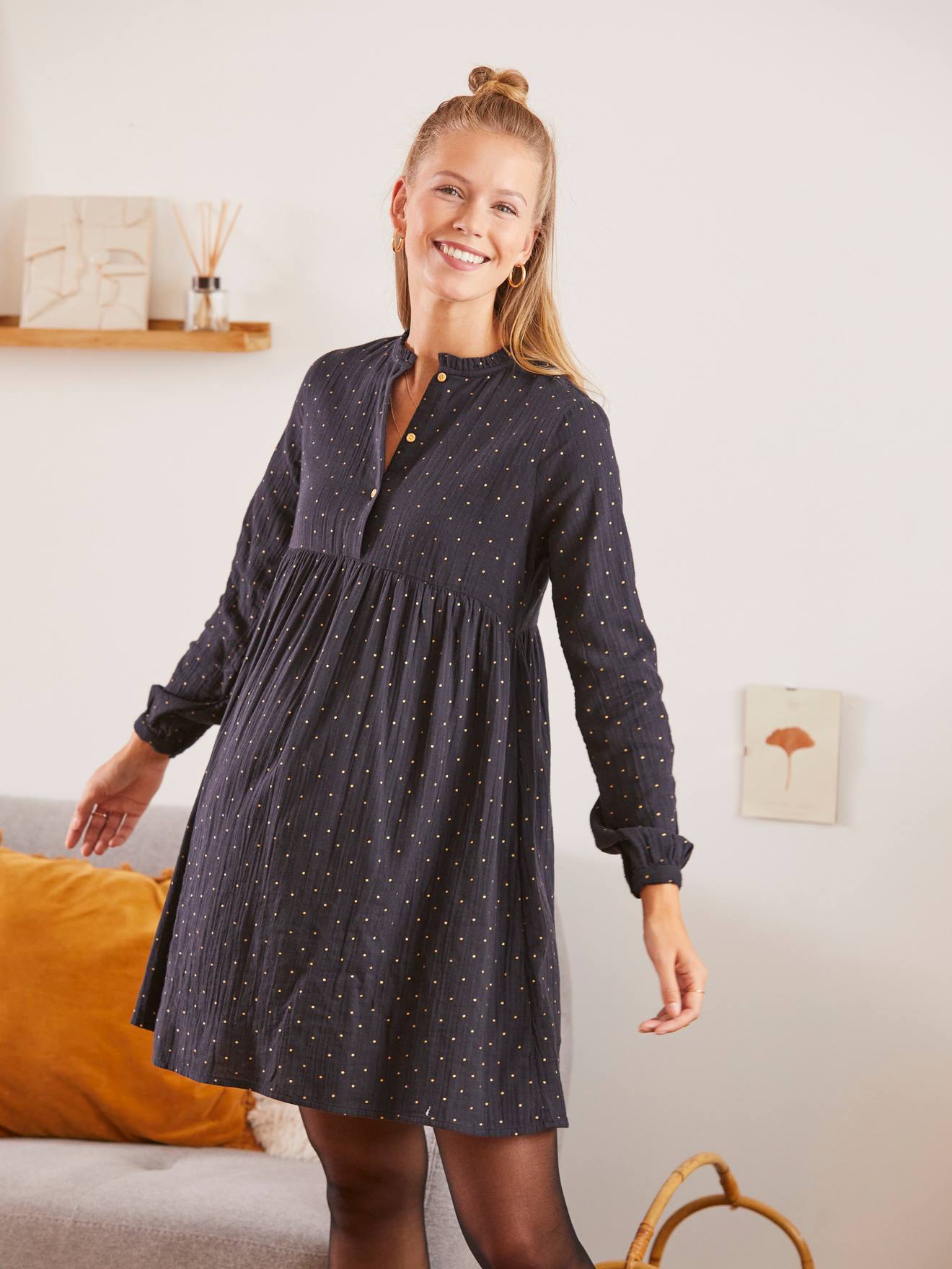 Vertbaudet Bedrucktes Kleid für Schwangerschaft & Stillzeit, Musselin - schwarz punkte