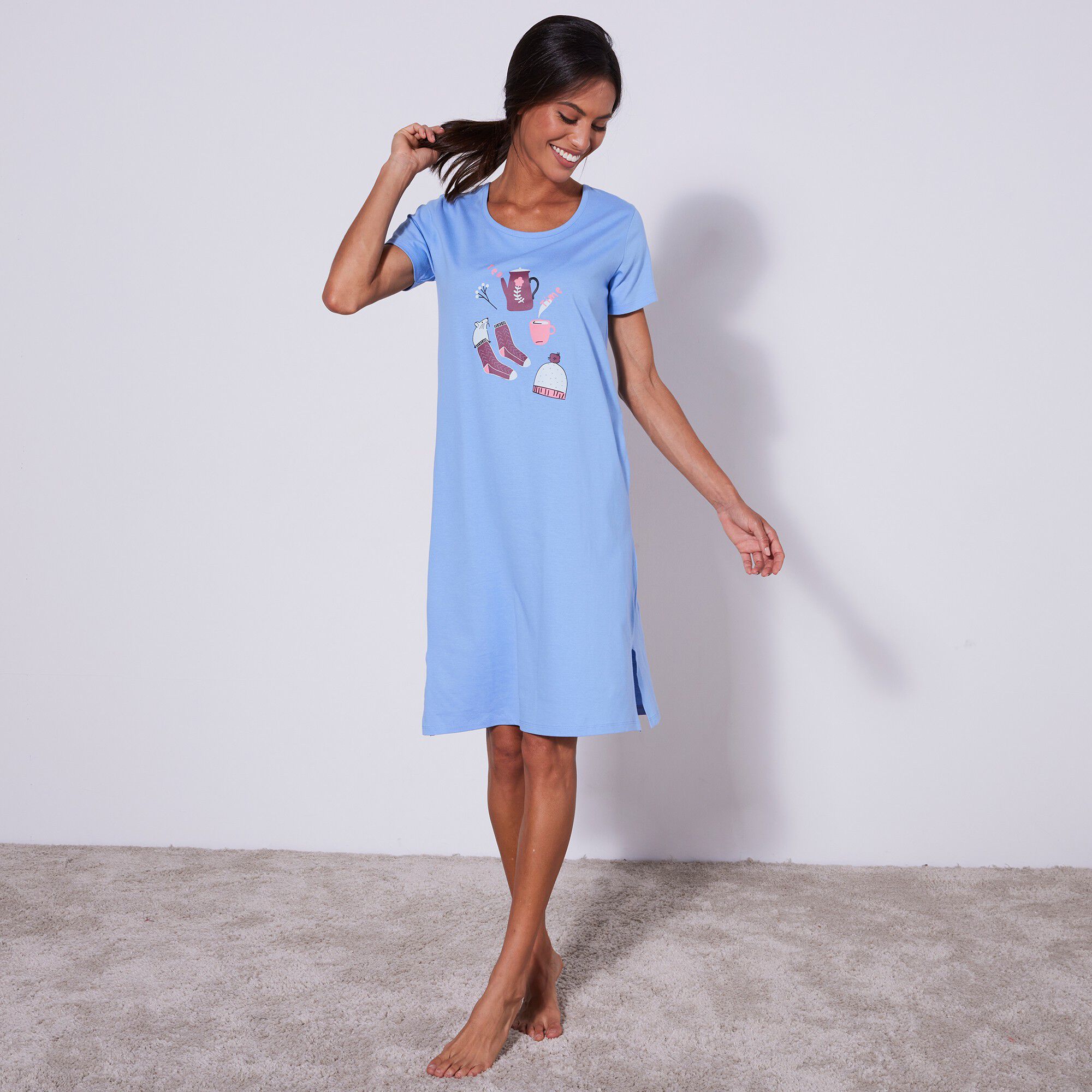 Chemise de nuit courte manches courtes imprimé « tea time »