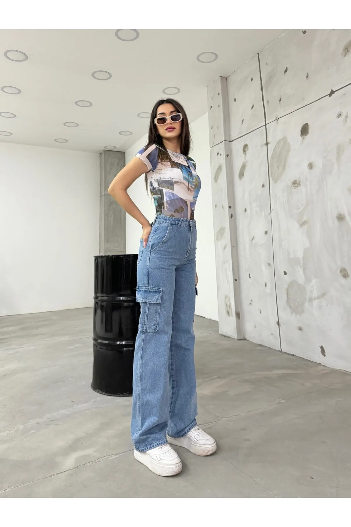 BİKELİFE  Blaue Cargohose mit hoher Taille und weitem Bein für Damen