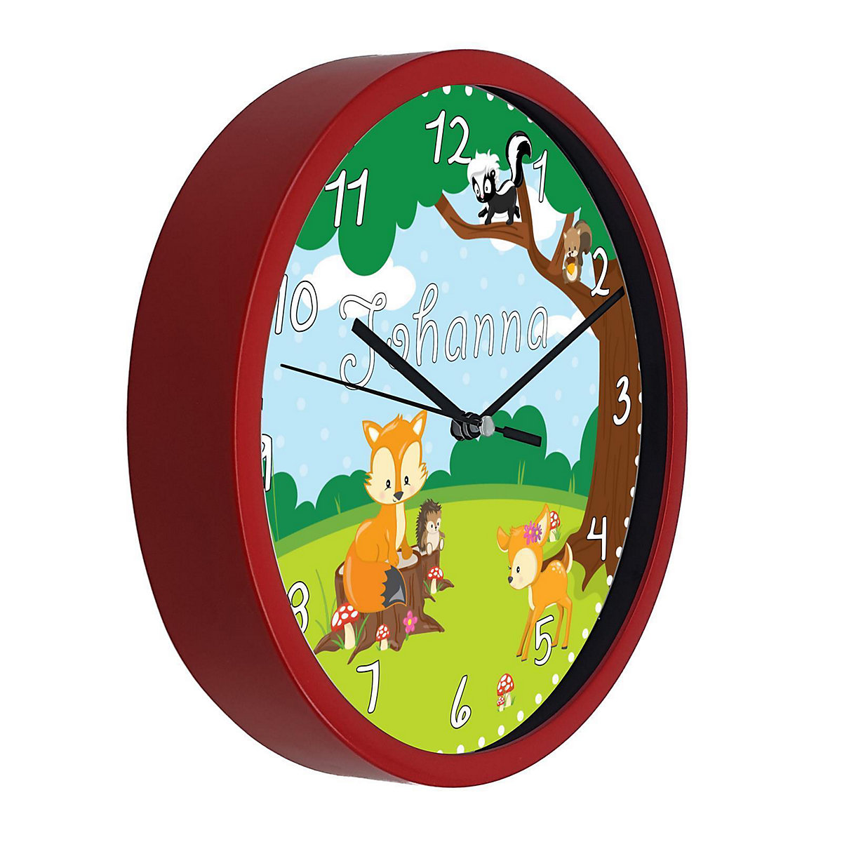 Kinder Wanduhr laufruhig personalisiert mit Name Waldtiere