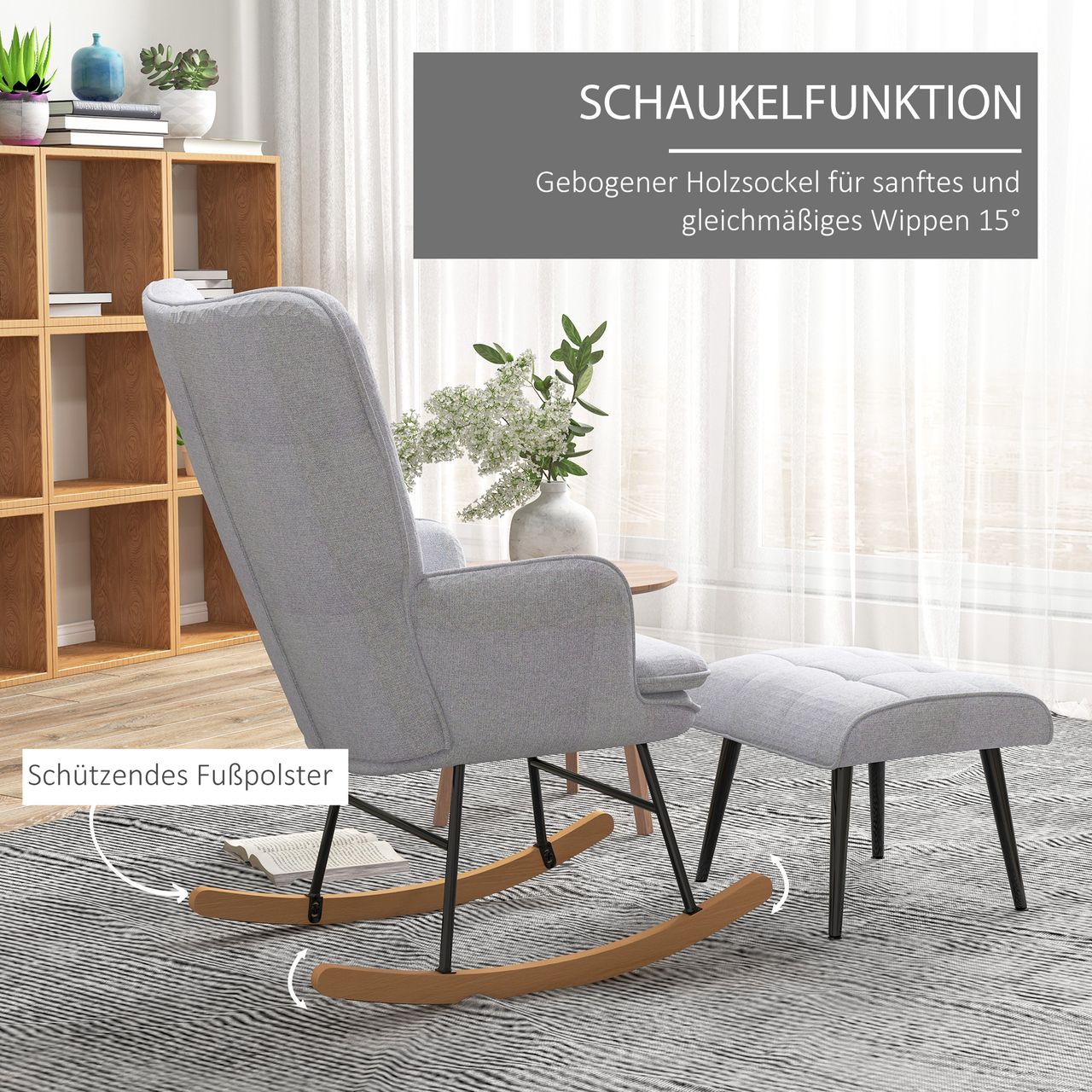 HOMCOM Schaukelstuhl Schwingsessel mit Hocker Relaxsessel mit Leinenoptik