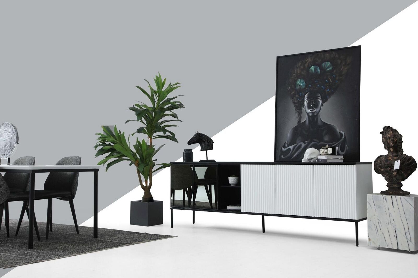 JVmoebel Esszimmer-Set Esszimmer Gruppe Esstisch Stühle Sideboard Tisch Holz Set 8tlg Weiß, (8-St., Esstisch + 6x Stühle + Sideboard), Made in Europa