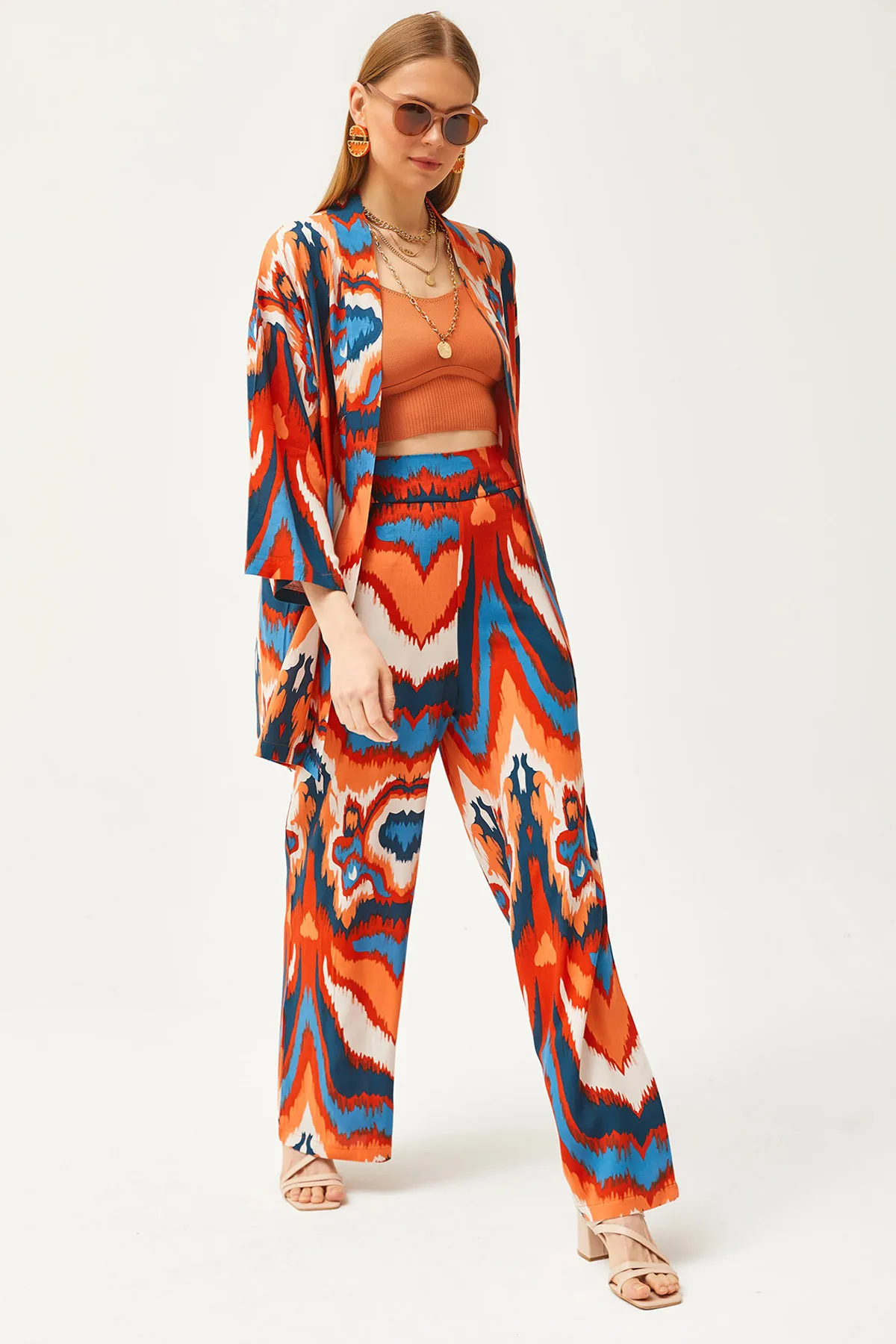 Olalook  Damen Orange Blau Oberteil Kimono Unterteil Taschenhose Set TKM-19000276
