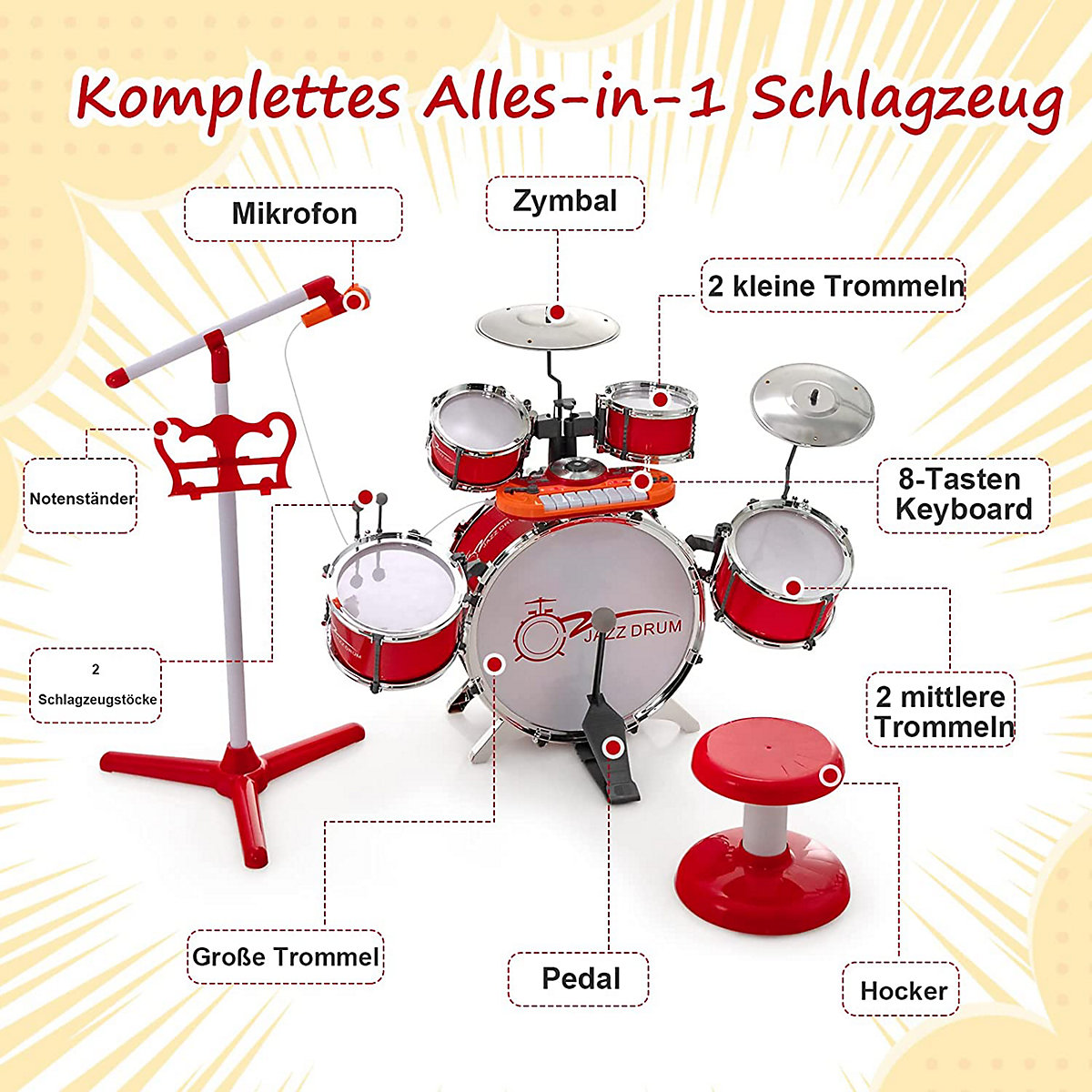 Schlagzeug mit Keyboard & 5 Trommeln & Hocker