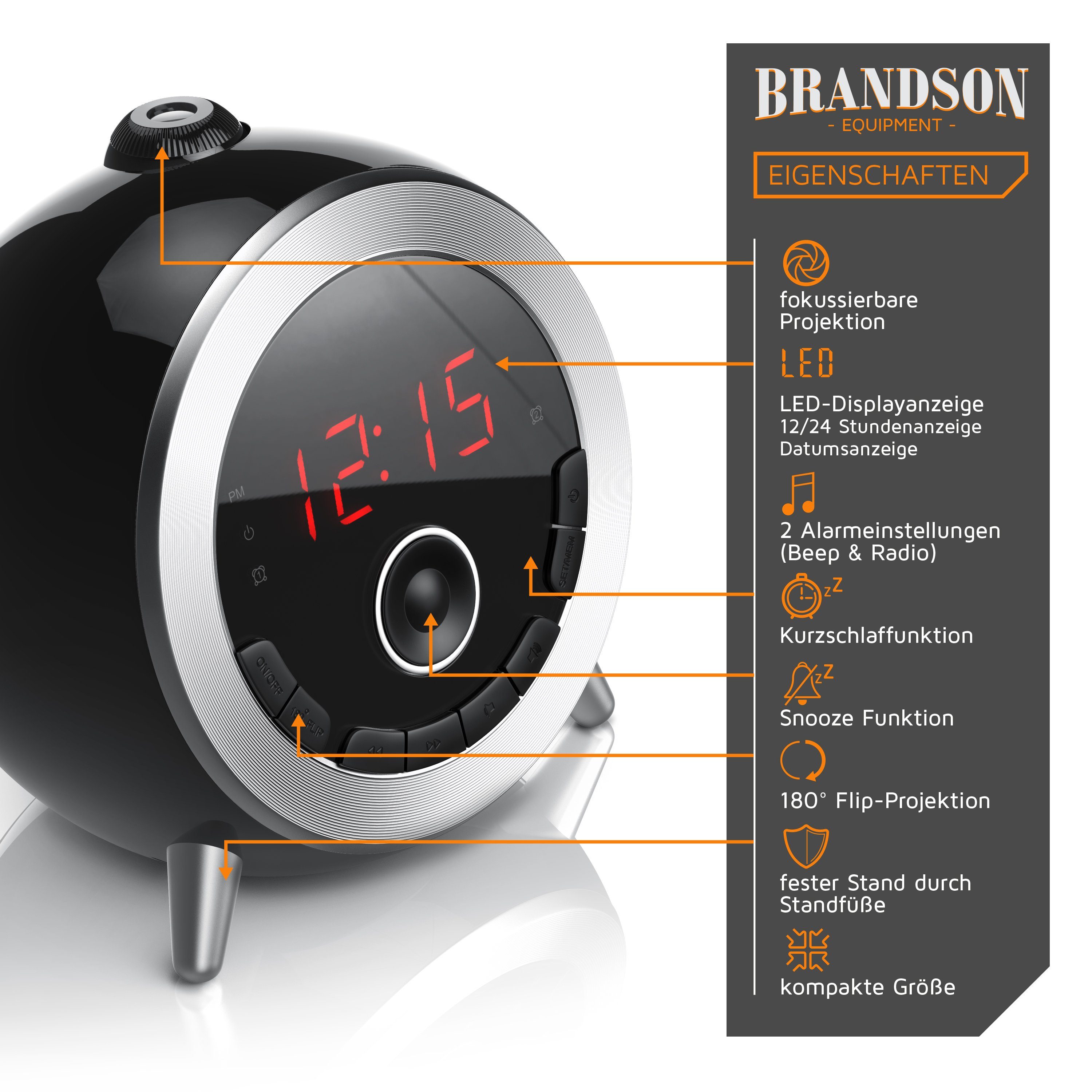 Brandson Projektionswecker digitaler Retro Radiowecker mit Projektion, FM Radio, kompakte Größe