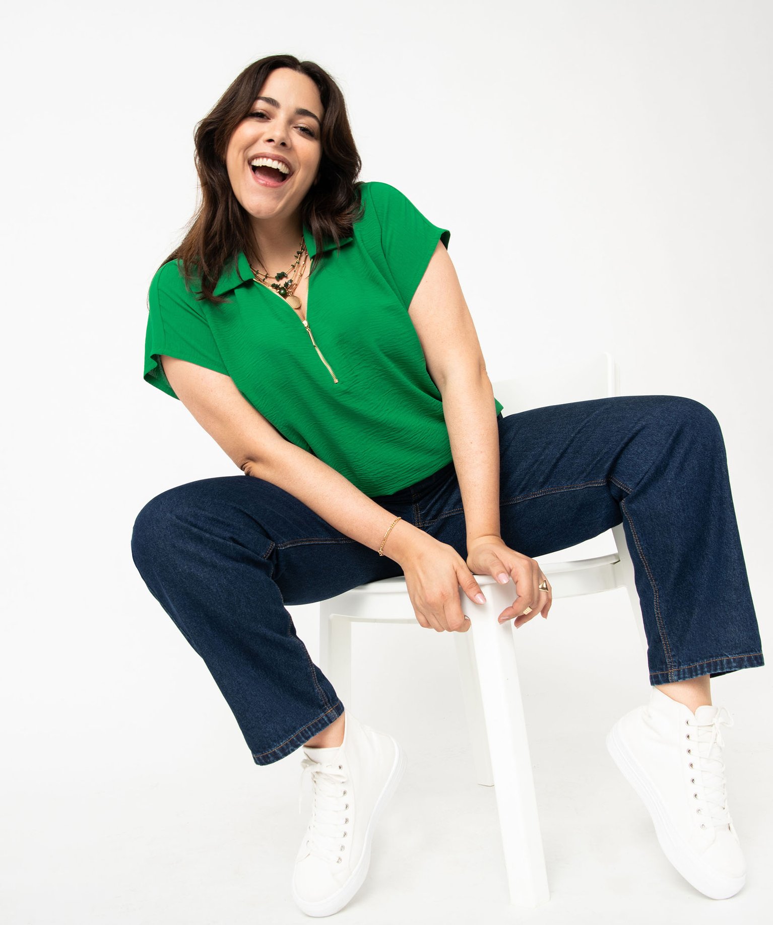 Blouse à manches courtes avec col zippé femme grande taille vert | GEMO