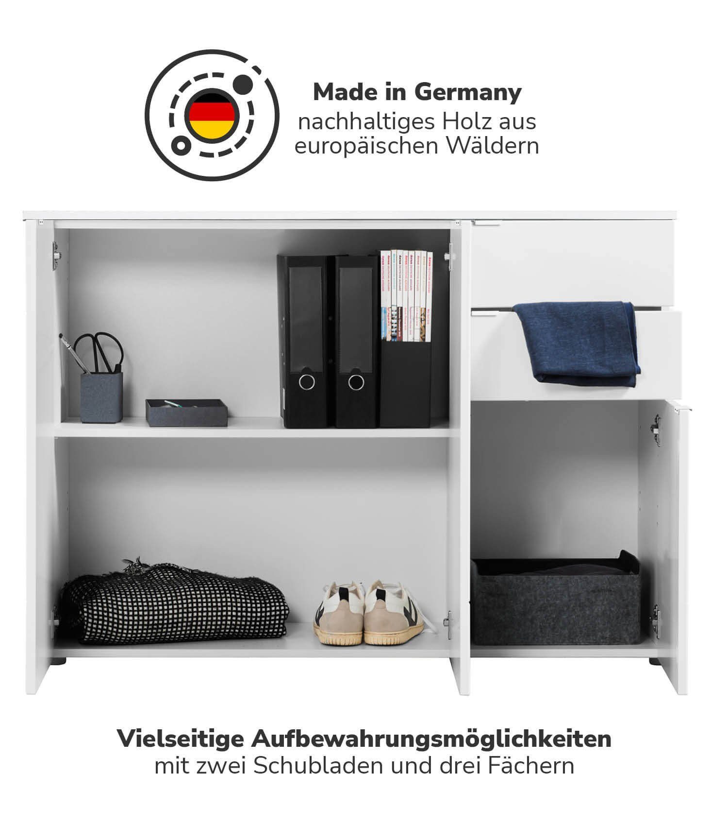 mokebo Sideboard Die Elegante (mit Schubladen & Fächern), Kommode, Highboard oder Anrichte mit Metallgriffen in Weiß