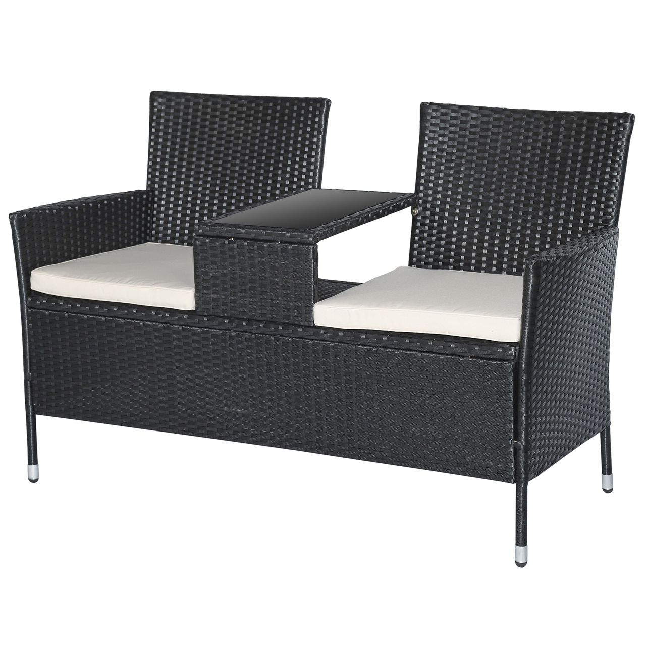 Outsunny Polyrattan Gartenbank Gartensofa Sitzbank mit Tisch 2-Sitzer Stahl Schwarz B133 x T63 x H84cm
